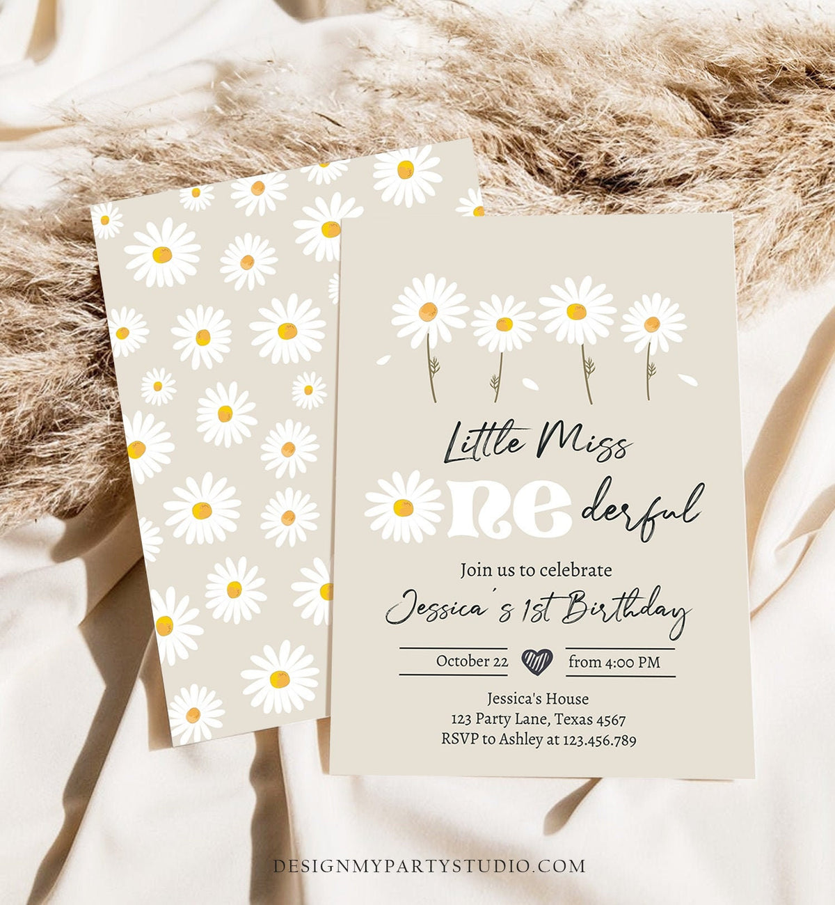 Editable Daisy Birthday Invitation Little Miss Onederful Birthday 1st Girl Floral Bohemian Download Printable Template Corjl Digital 0410