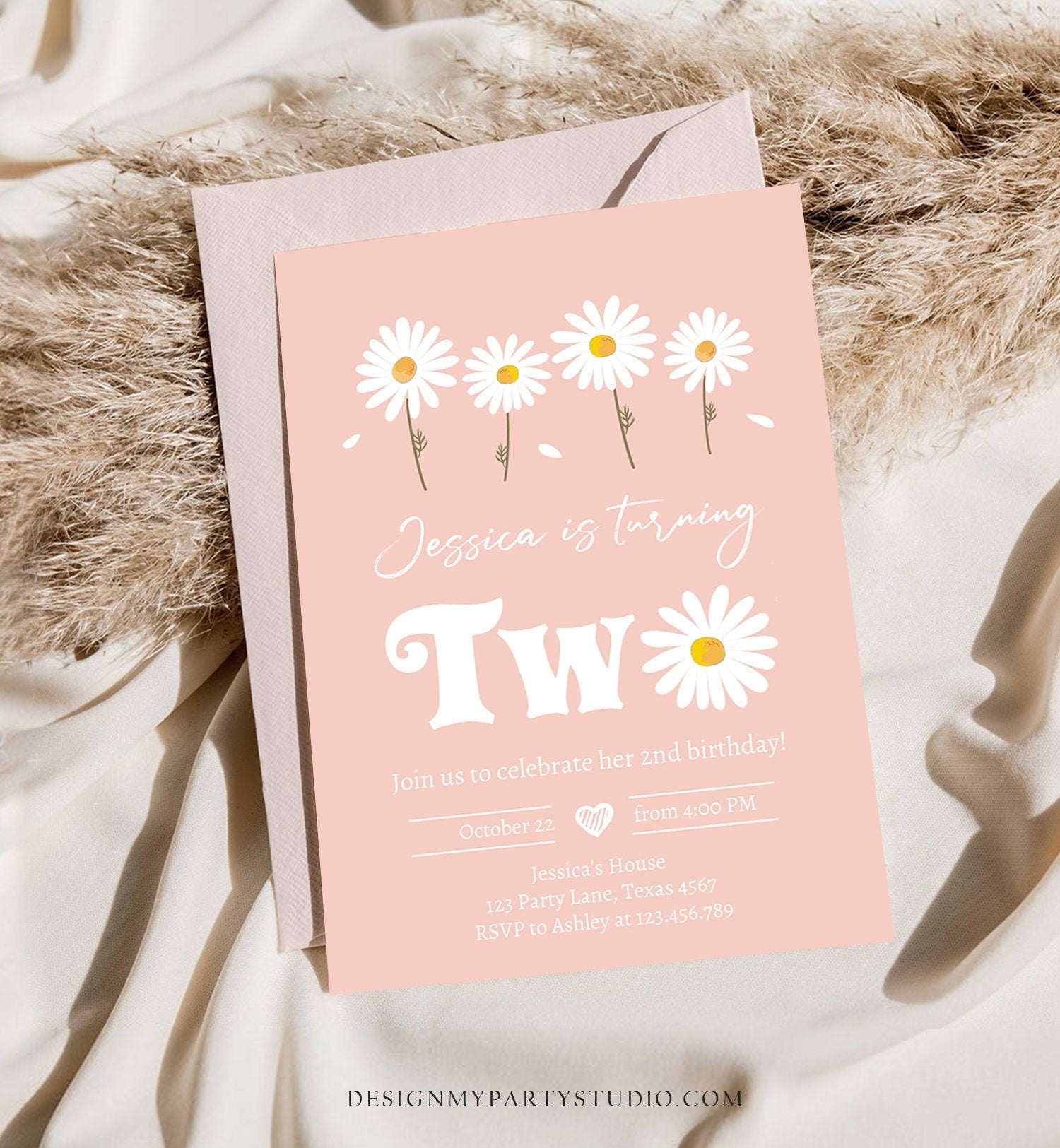 Editable Daisy Birthday Party Invitation 2nd Birthday Two Floral Bohemian Girl Boho Pink 1st Digital Download Evite Template Printable 0410