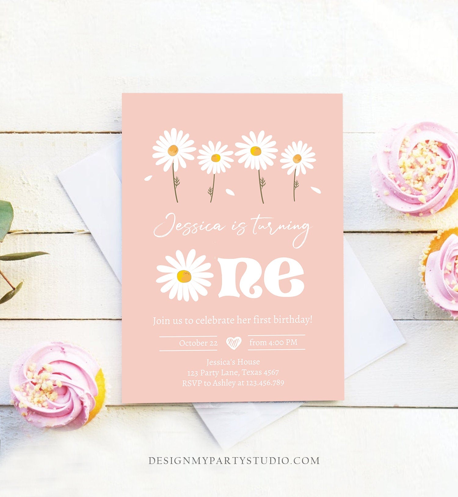 Editable Daisy Birthday Party Invitation 1st Birthday One Party Bohemian Girl Boho Pink First Digital Download Template Printable 0410