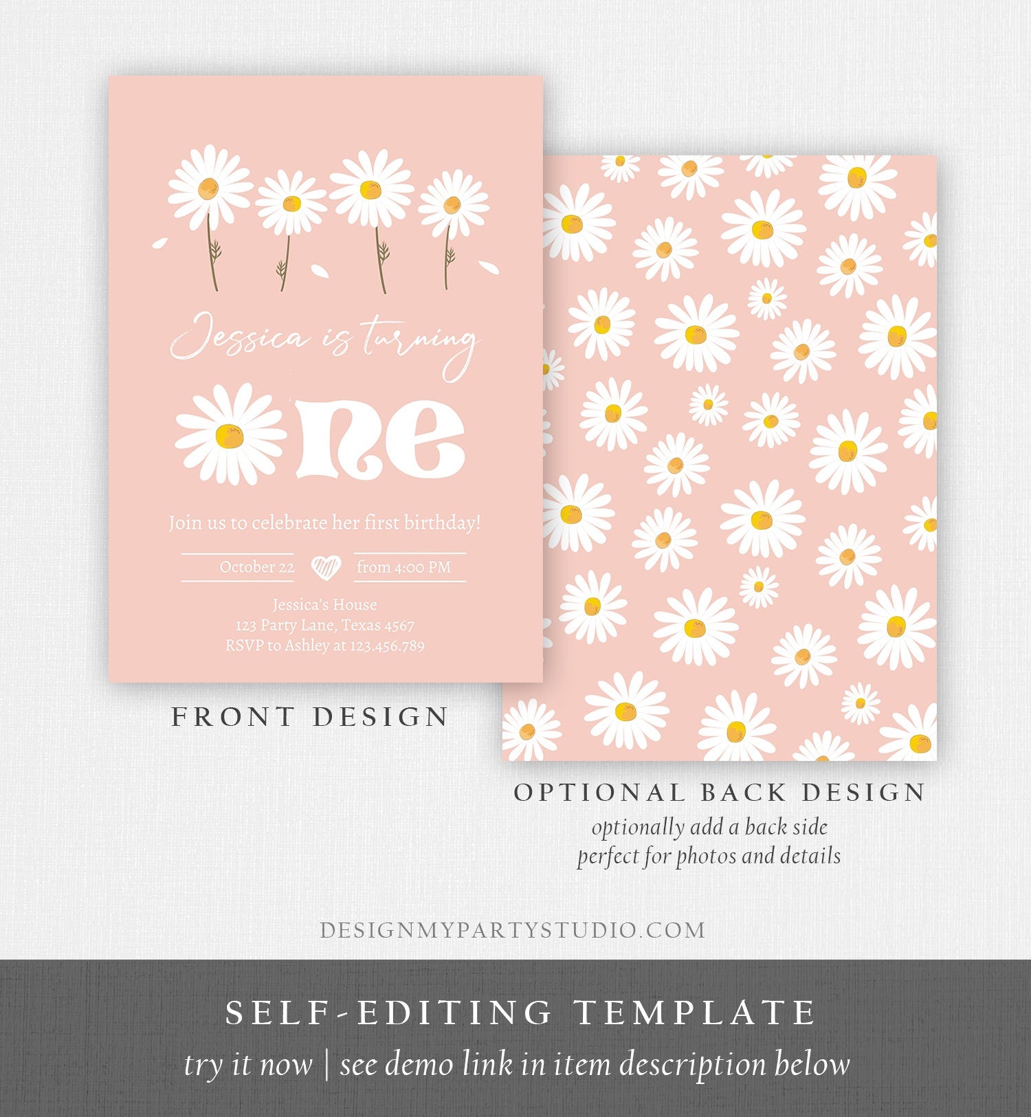 Editable Daisy Birthday Party Invitation 1st Birthday One Party Bohemian Girl Boho Pink First Digital Download Template Printable 0410