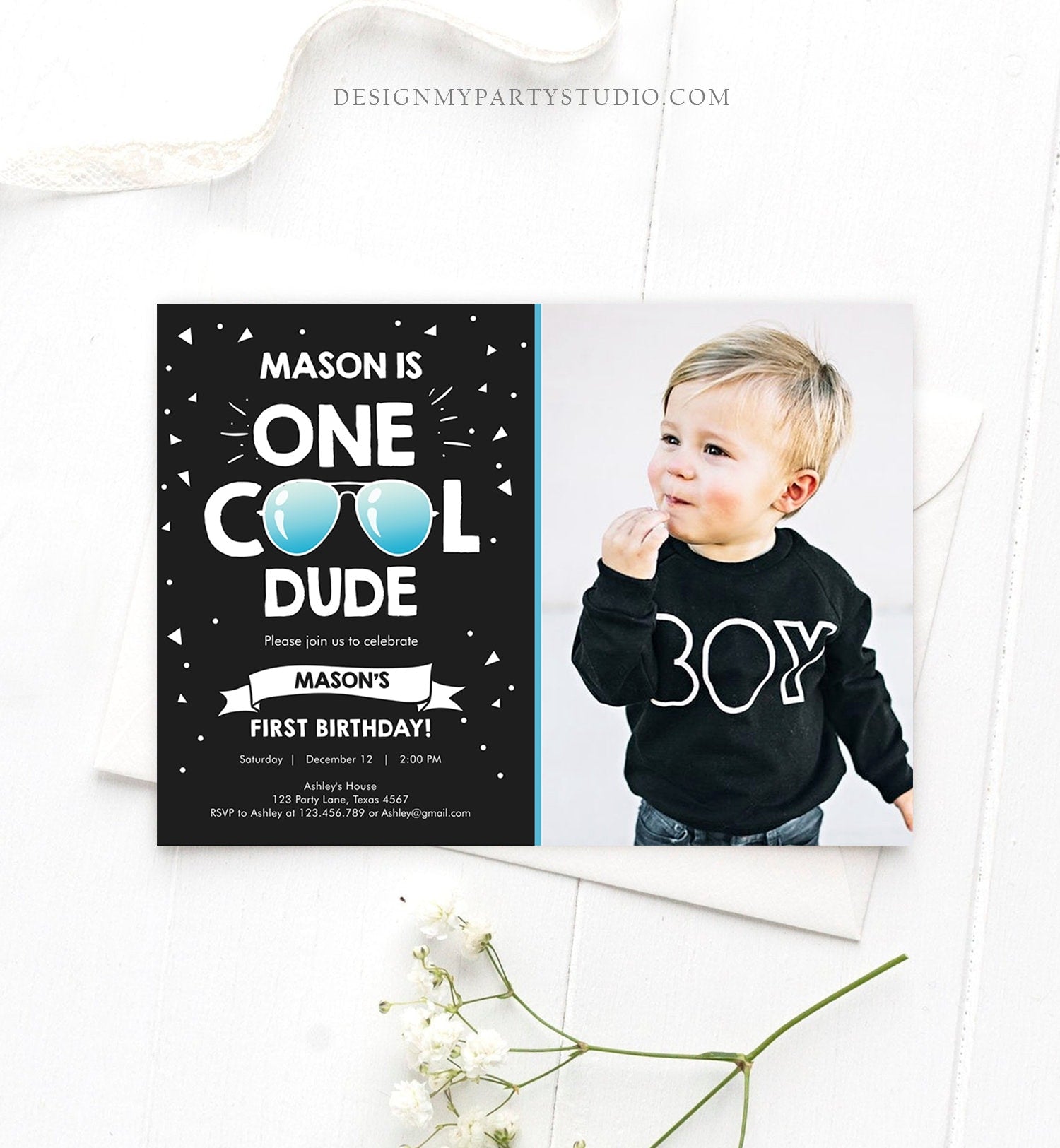 Editable One Cool Dude 1st Birthday Invitation Boy First Birthday Party Sunglasses Pilot Pool Cool One Printable Digital Template Evite 0136