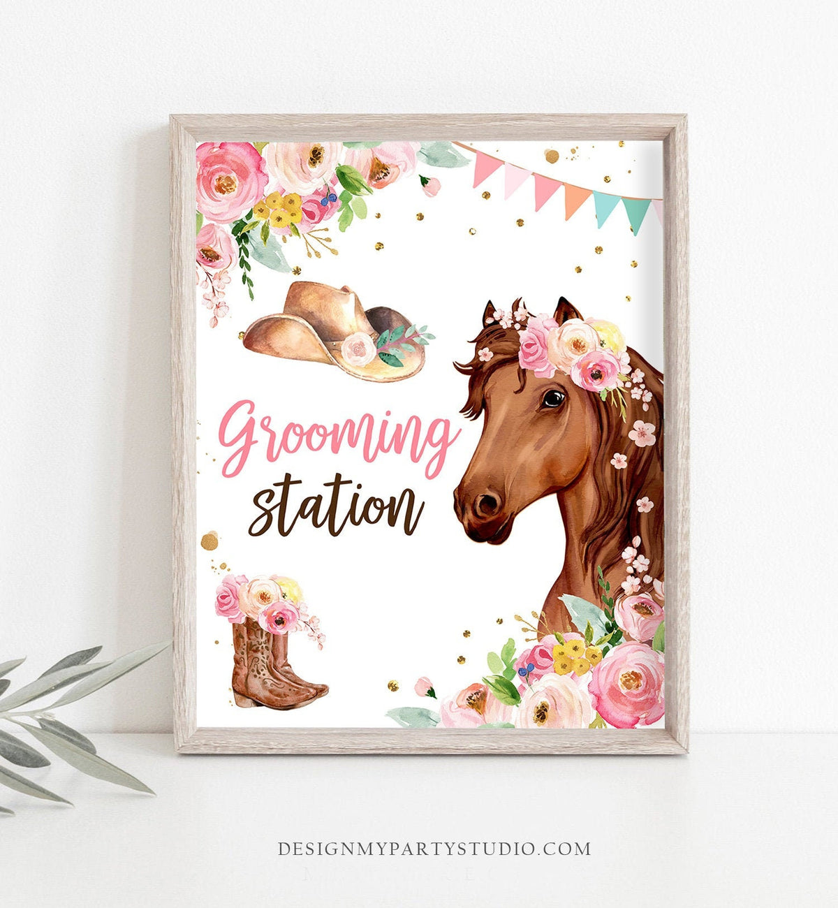 Grooming Station Sign Cowgirl Party Decor Floral Pink Pony Birthday Table Sign Horse Party Signs Decorations Pony Download Printable 0408