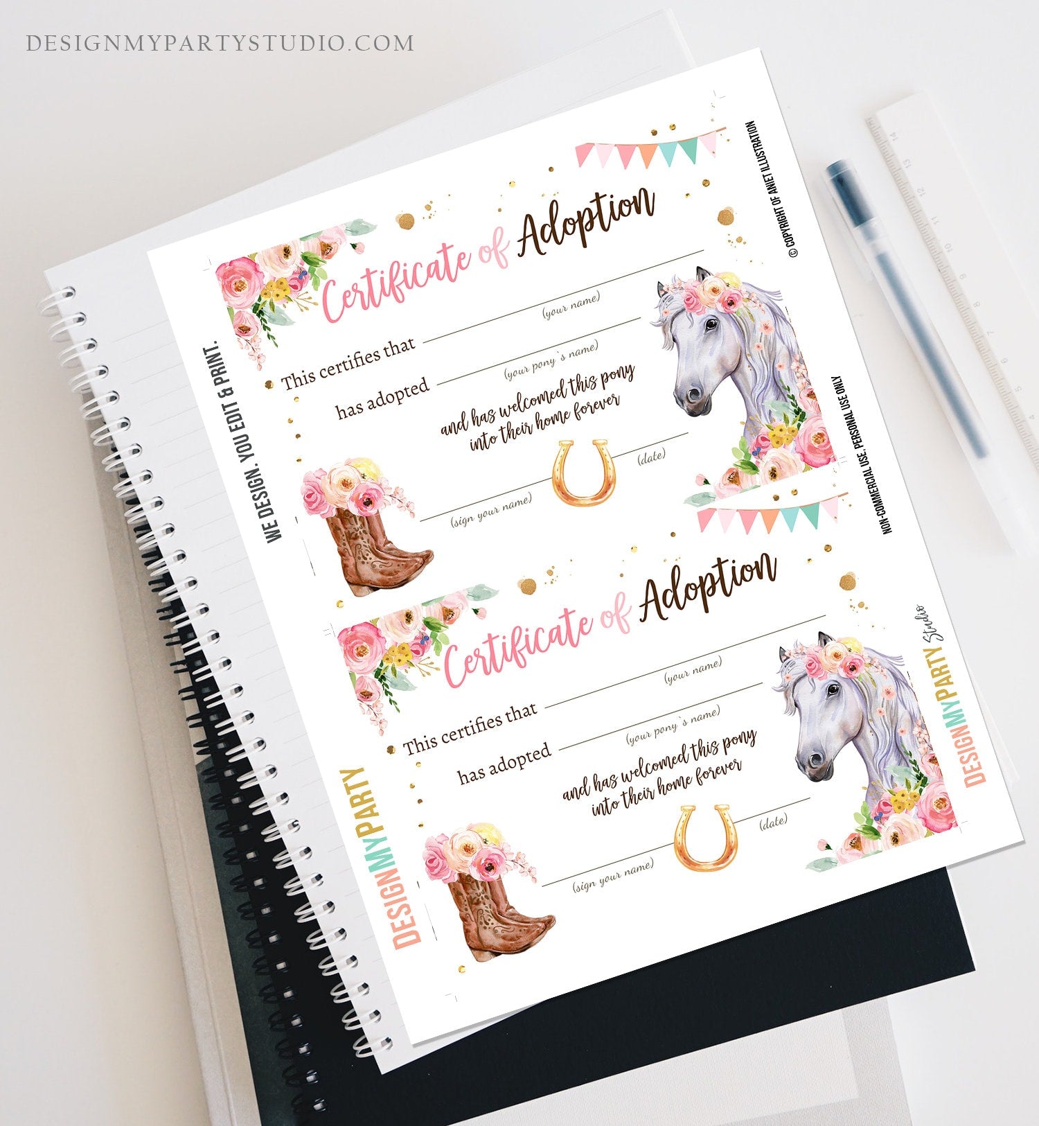 Adopt a Pony Adoption Certificate Horse Adoption Horse Birthday Party Pony Birthday Girl Horseback Riding Download Digital PRINTABLE 0408