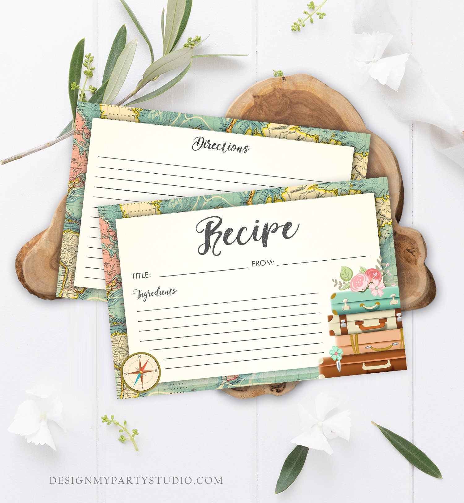 Editable Travel Recipe Cards Baby Bridal Shower Adventure World Map Suitcases Floral Advice Wedding Download Corjl Template Printable 0044