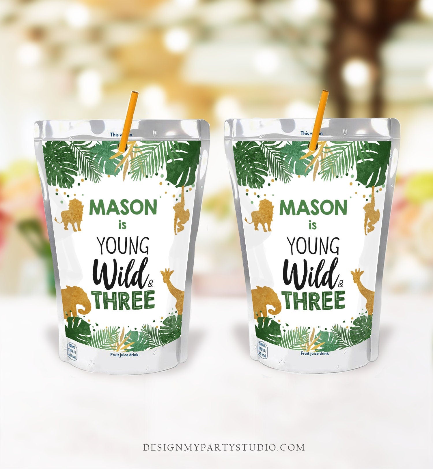 Editable Safari Animals Juice Pouch Label Juice Favors Gold Boy Birthday Young Wild Three Party Animals Digital Template Printable 0016