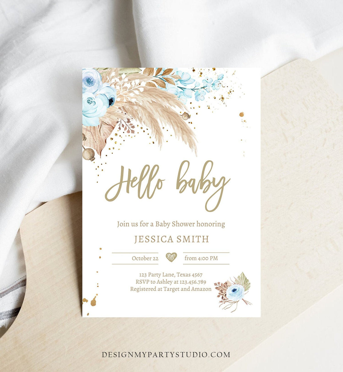 Editable Pampas Grass Baby Shower Invitation Boho Baby Shower Boy Bohemian Shower Tropical Download Printable Invitation Template Corjl 0395