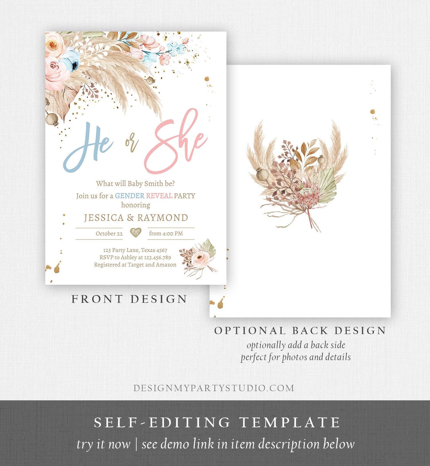 Editable Pampas Grass Gender Reveal Party Invitation Boho Gender Reveal Bohemian Tropical Desert Download Printable Template Corjl 0395