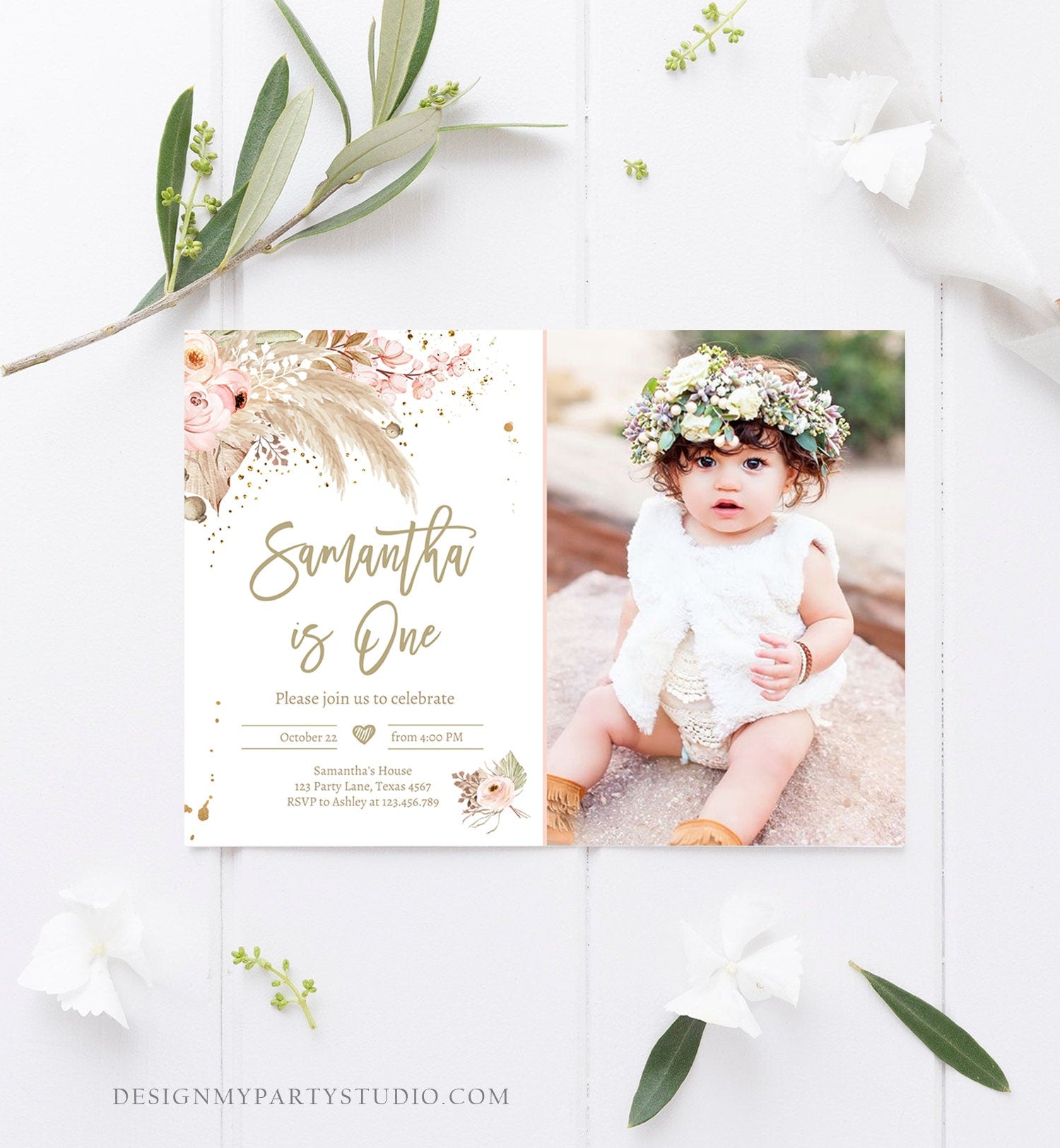 Editable Pampas Grass Birthday Invitation Boho Birthday Invite Bohemian Girl Muted Rustic Download Printable Invitation Template Corjl 0395