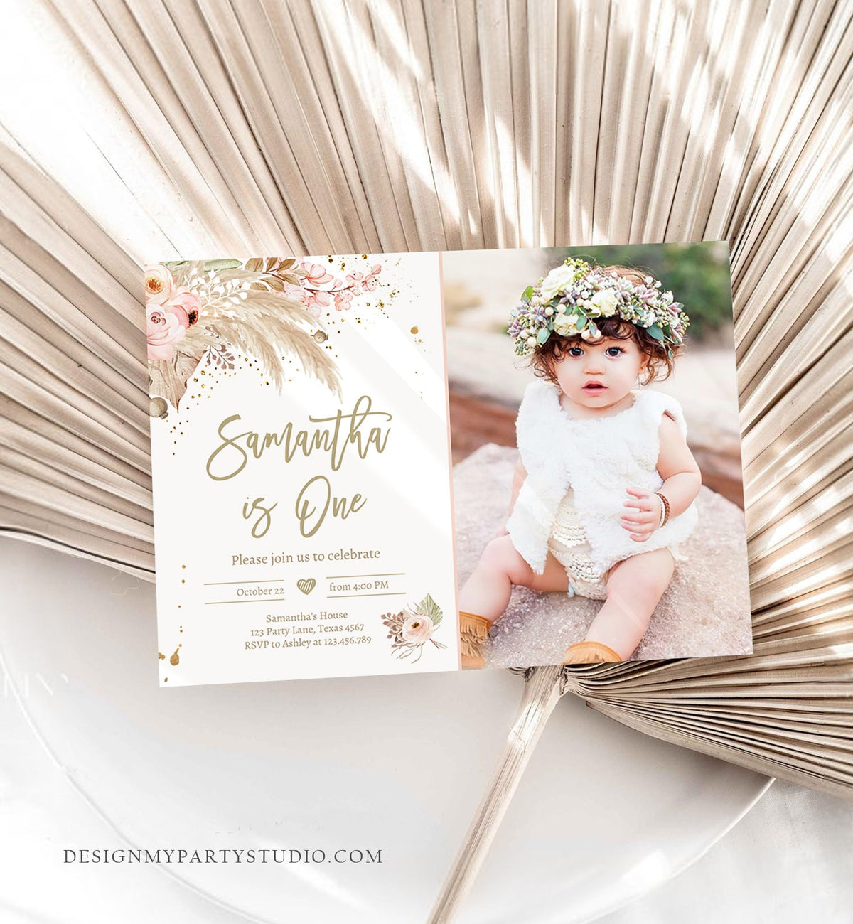 Editable Pampas Grass Birthday Invitation Boho Birthday Invite Bohemian Girl Muted Rustic Download Printable Invitation Template Corjl 0395