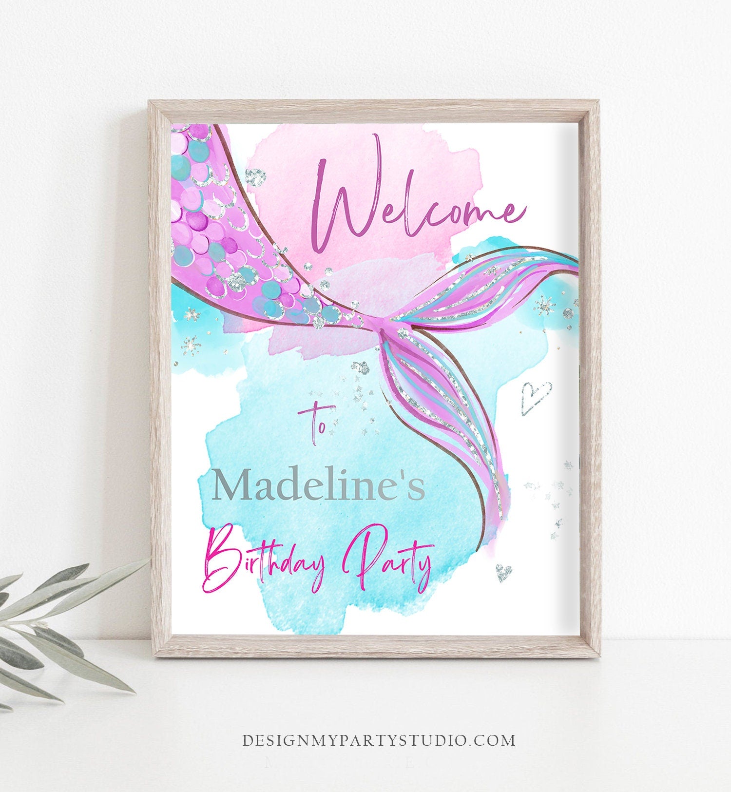 Editable Mermaid Welcome Sign Mermaid Birthday Sign Mermaid Tail Birthday Decor Welcome Under The Sea Silver Template Corjl PRINTABLE 0403