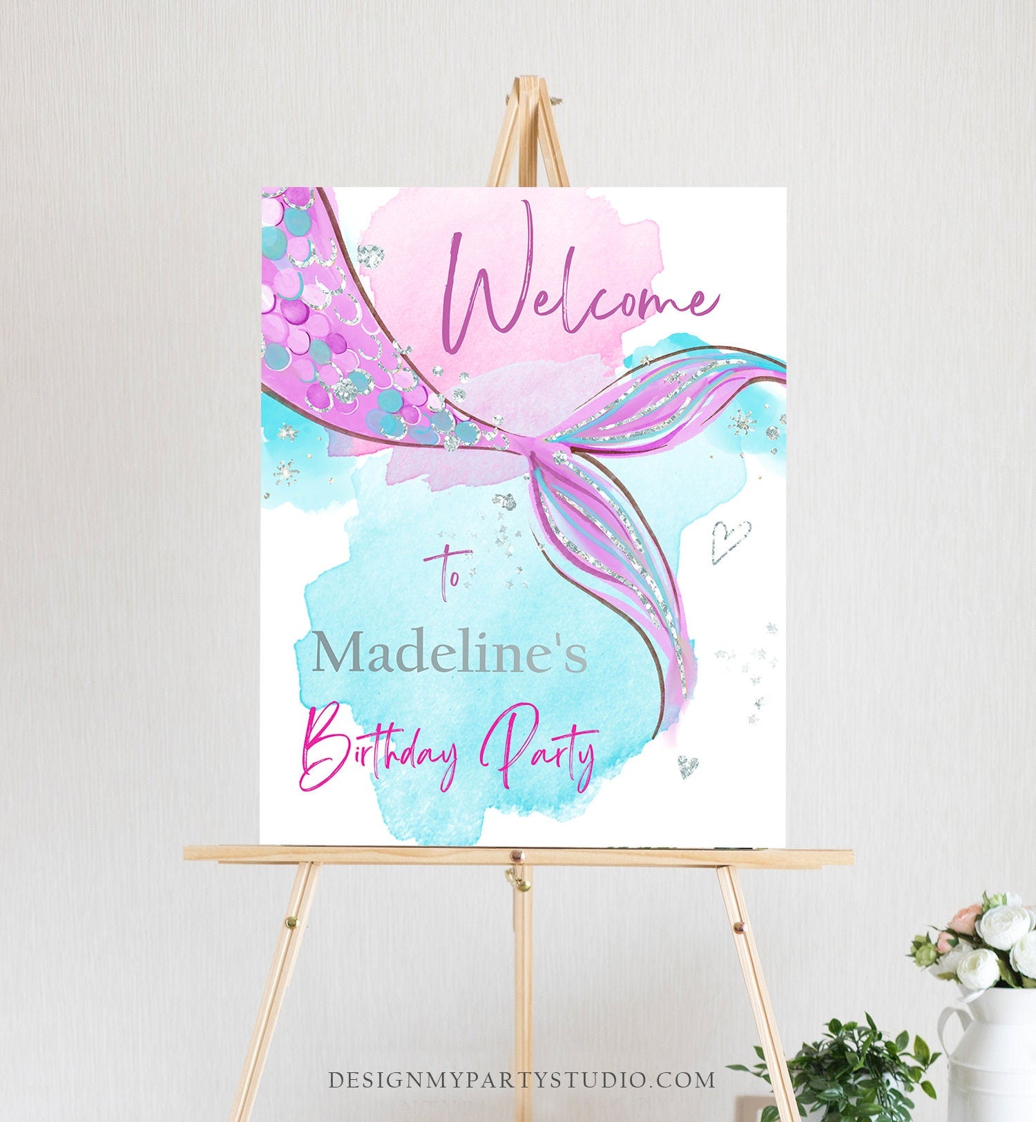 Editable Mermaid Welcome Sign Mermaid Birthday Sign Mermaid Tail Birthday Decor Welcome Under The Sea Silver Template Corjl PRINTABLE 0403