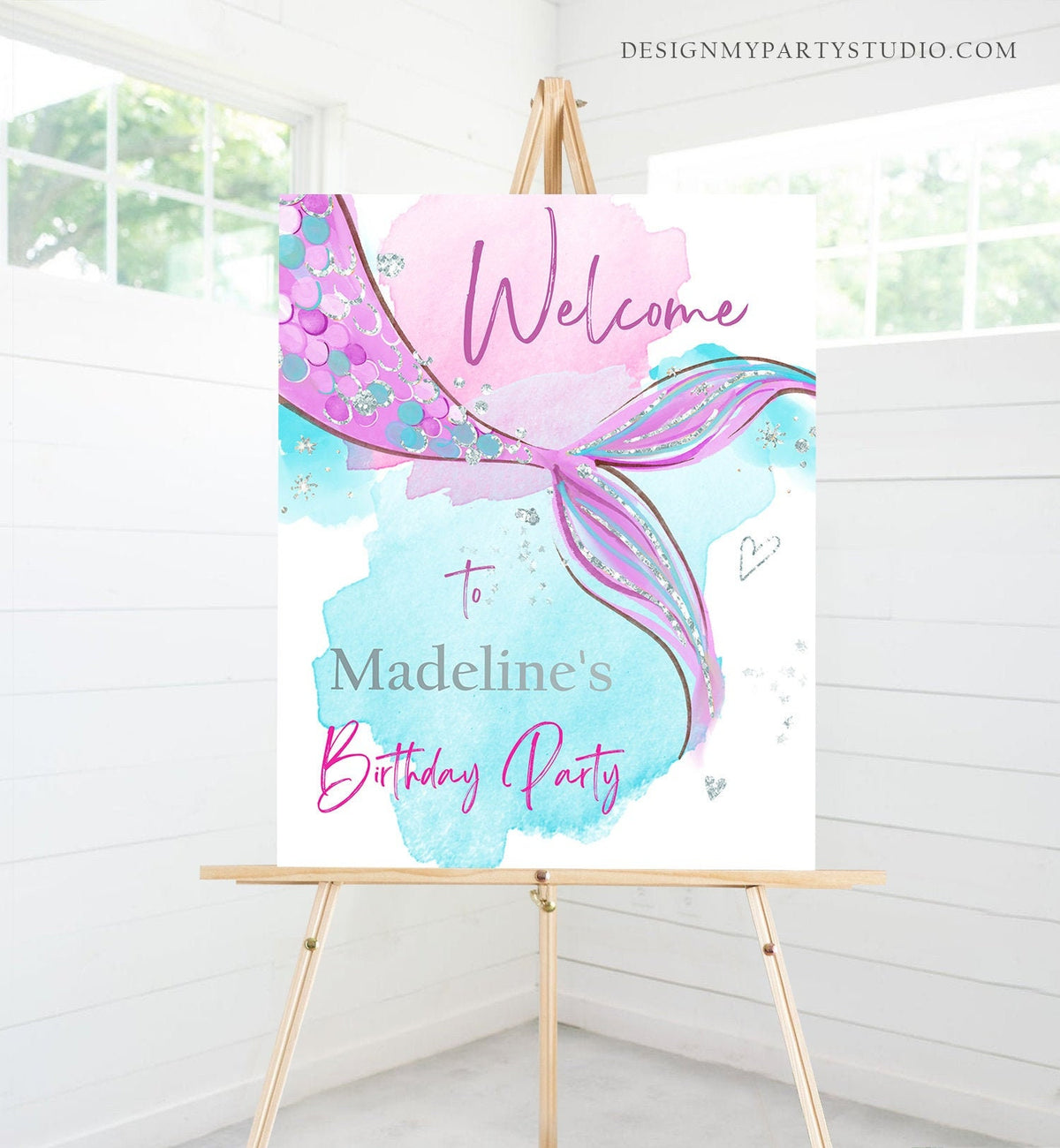 Editable Mermaid Welcome Sign Mermaid Birthday Sign Mermaid Tail Birthday Decor Welcome Under The Sea Silver Template Corjl PRINTABLE 0403