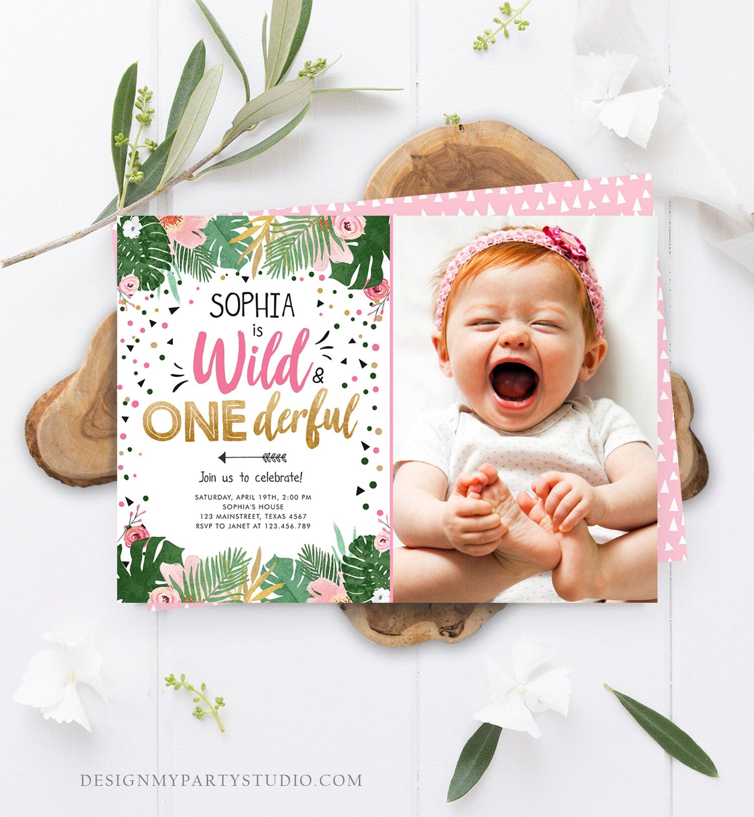 Editable Wild and Onederful Birthday Invitation Girl Wild One Safari Tropical Pink Gold First Birthday Digital Template Printable 0332