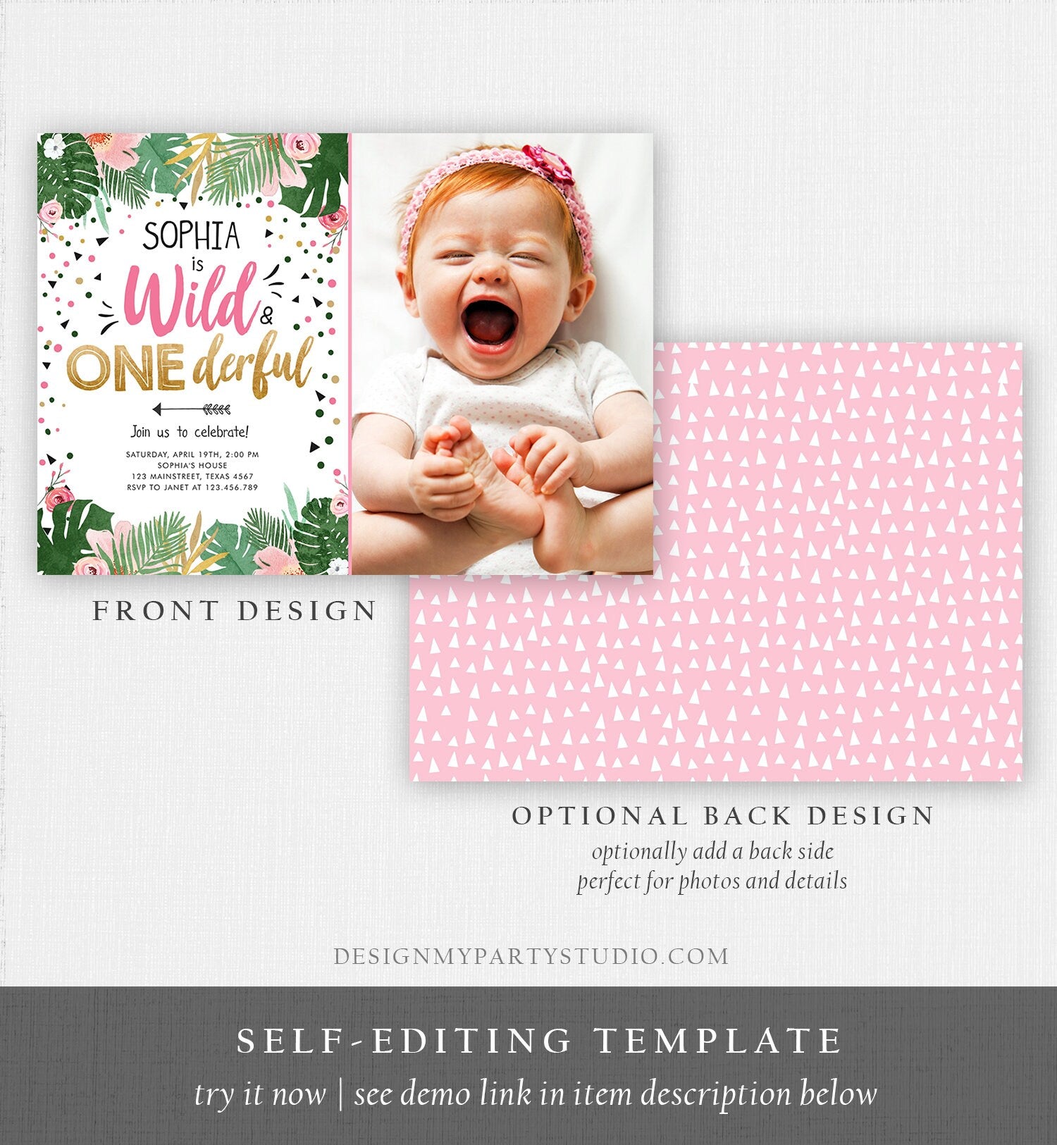 Editable Wild and Onederful Birthday Invitation Girl Wild One Safari Tropical Pink Gold First Birthday Digital Template Printable 0332