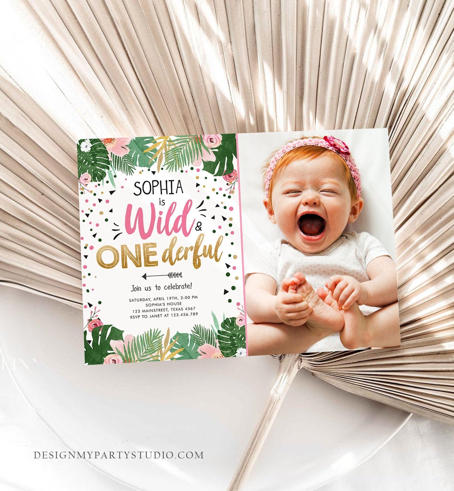 Editable Wild and Onederful Birthday Invitation Girl Wild One Safari Tropical Pink Gold First Birthday Digital Template Printable 0332