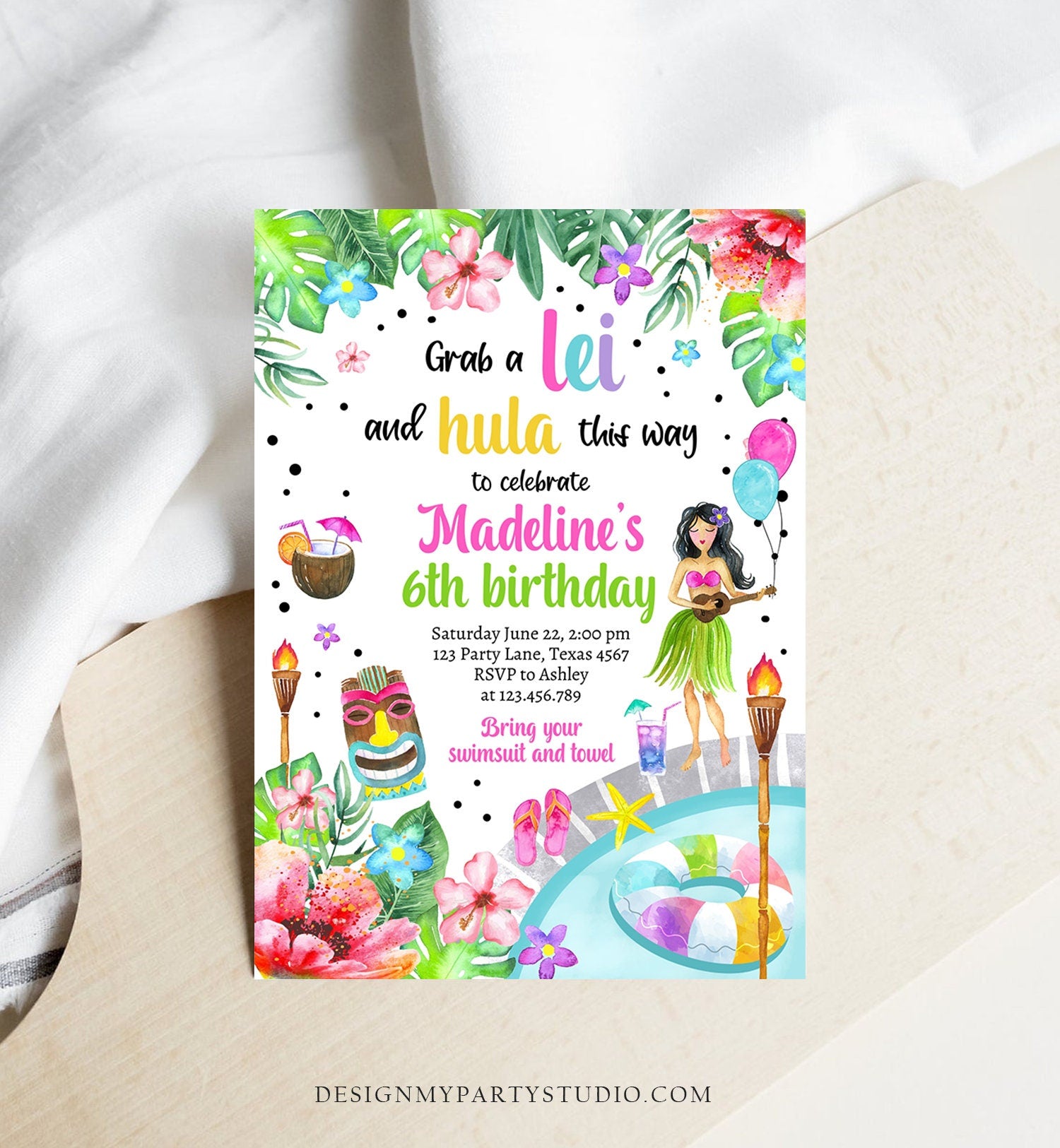 Editable Hawaiian Luau Birthday Invitation Tropical Pool Party Luau Party Hawaiian Birthday Hawaii Download Digital Template Printable 0412