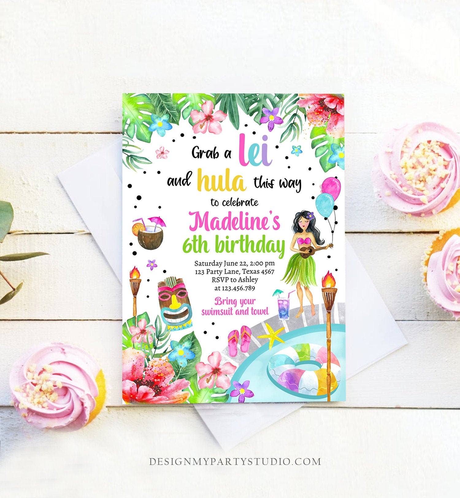 Editable Hawaiian Luau Birthday Invitation Tropical Pool Party Luau Party Hawaiian Birthday Hawaii Download Digital Template Printable 0412