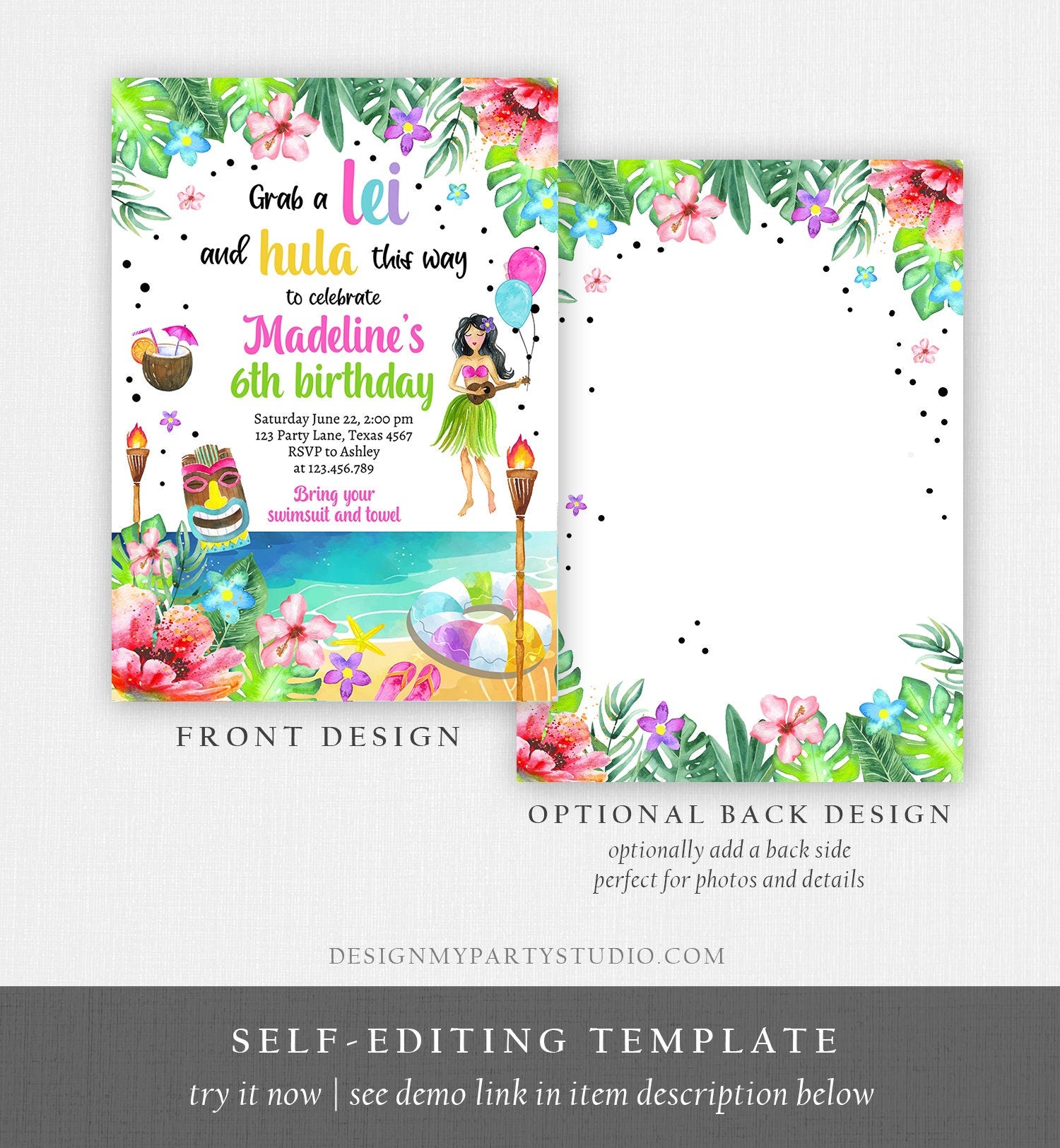 Editable Hawaiian Luau Birthday Invitation Tropical Pool Party Luau Party Hawaiian Birthday Hawaii Download Corjl Template Printable 0412