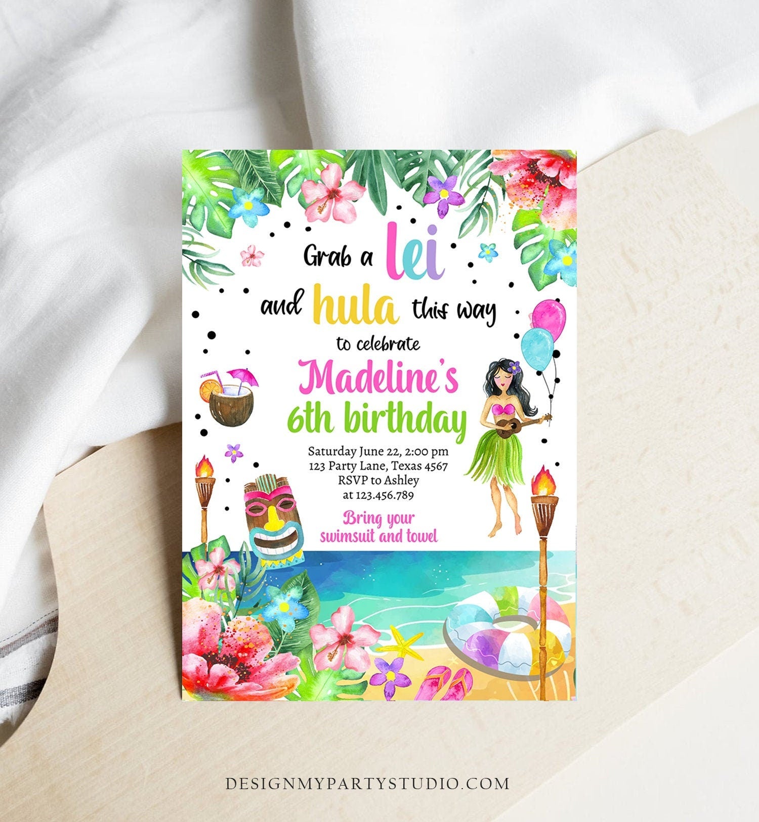 Editable Hawaiian Luau Birthday Invitation Tropical Pool Party Luau Party Hawaiian Birthday Hawaii Download Corjl Template Printable 0412