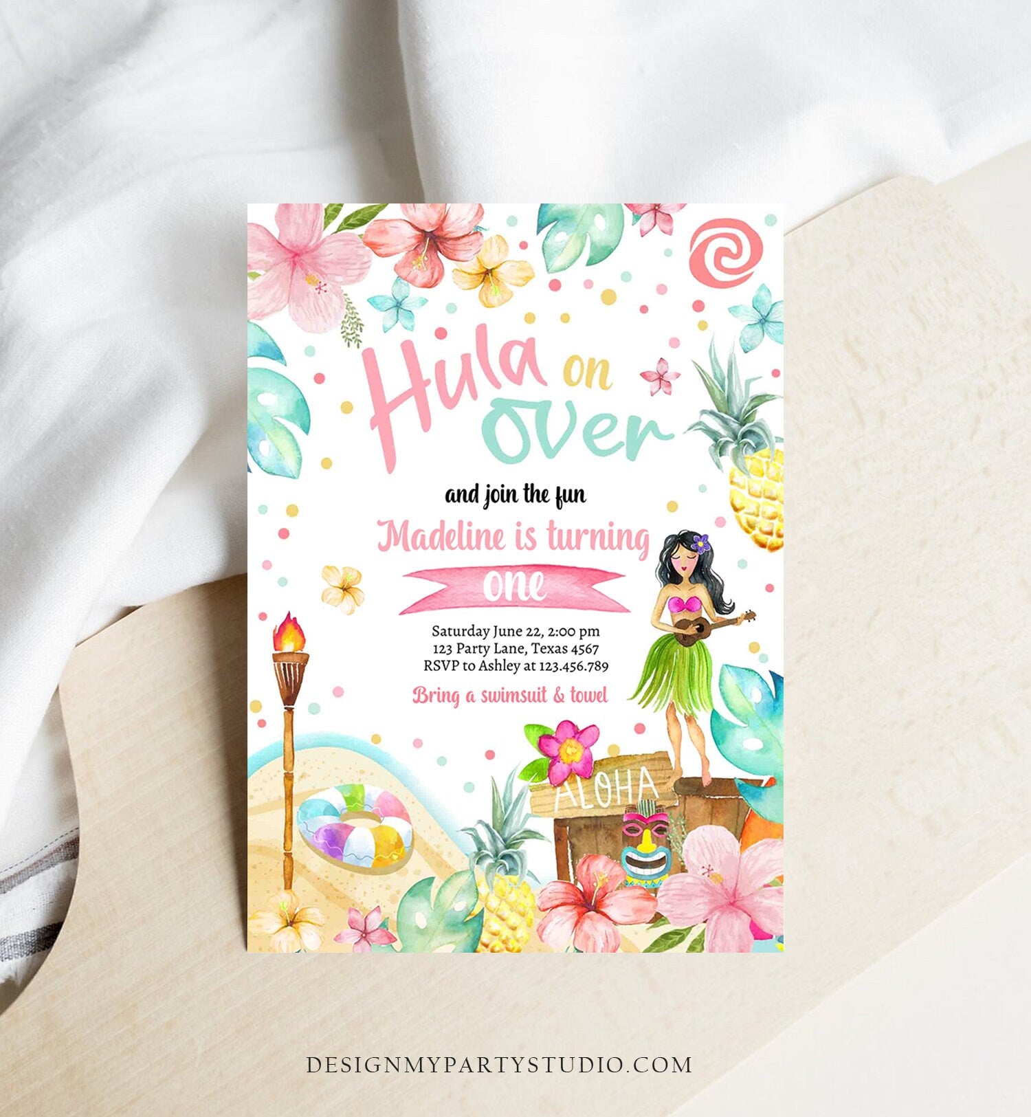 Editable Hawaiian Luau Birthday Invitation Tropical Pool Party Luau Party Hawaiian Birthday Hawaii Download Corjl Template Printable 0413