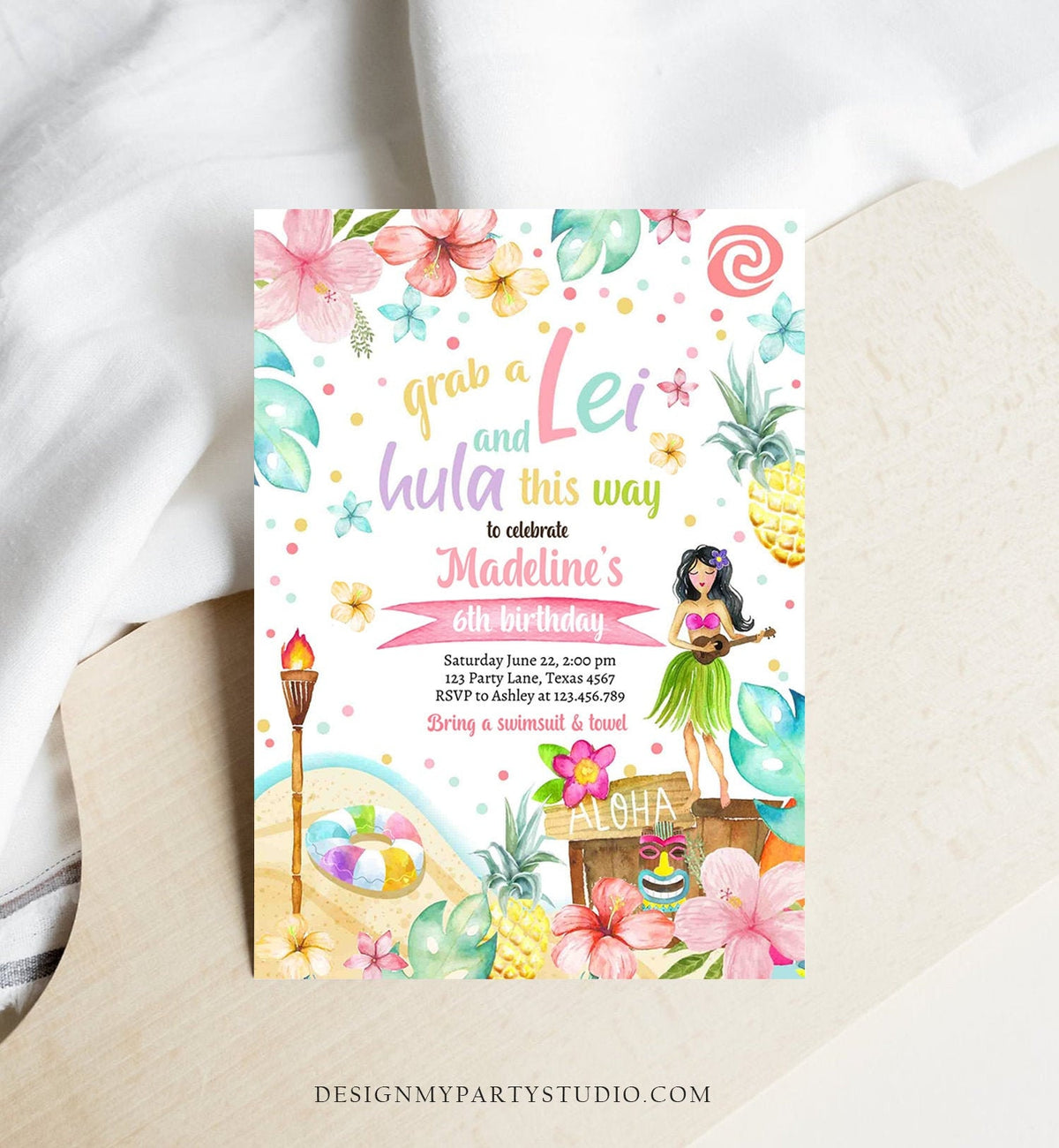 Editable Hawaiian Luau Birthday Invitation Tropical Pool Party Luau Party Hawaiian Birthday Hawaii Download Corjl Template Printable 0413