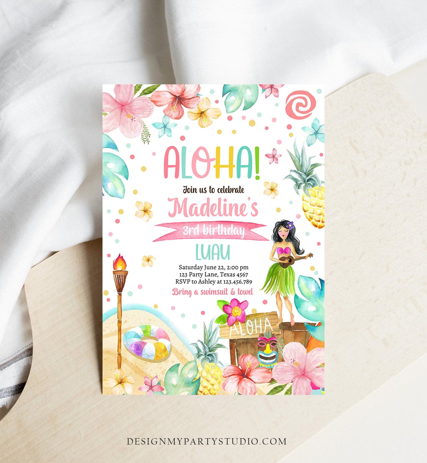 Editable Hawaiian Luau Birthday Invitation Tropical Pool Party Luau Party Hawaiian Birthday Aloha Download Corjl Template Printable 0413