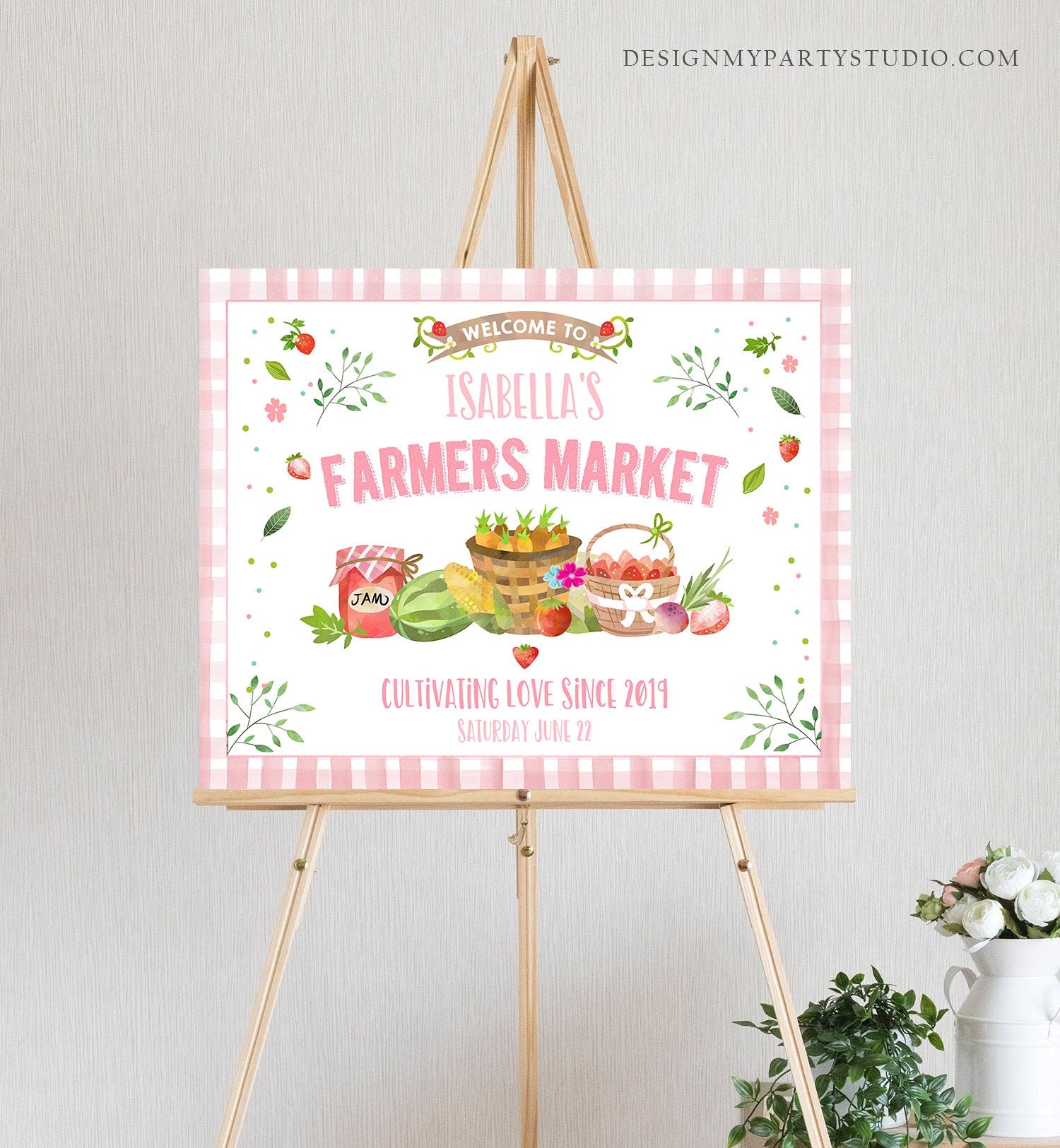 Editable Farmers Market Welcome Sign Birthday Girl Baby Shower Farm Party Decor Fruit Market Locally Grown Pink Download Corjl Template 0144