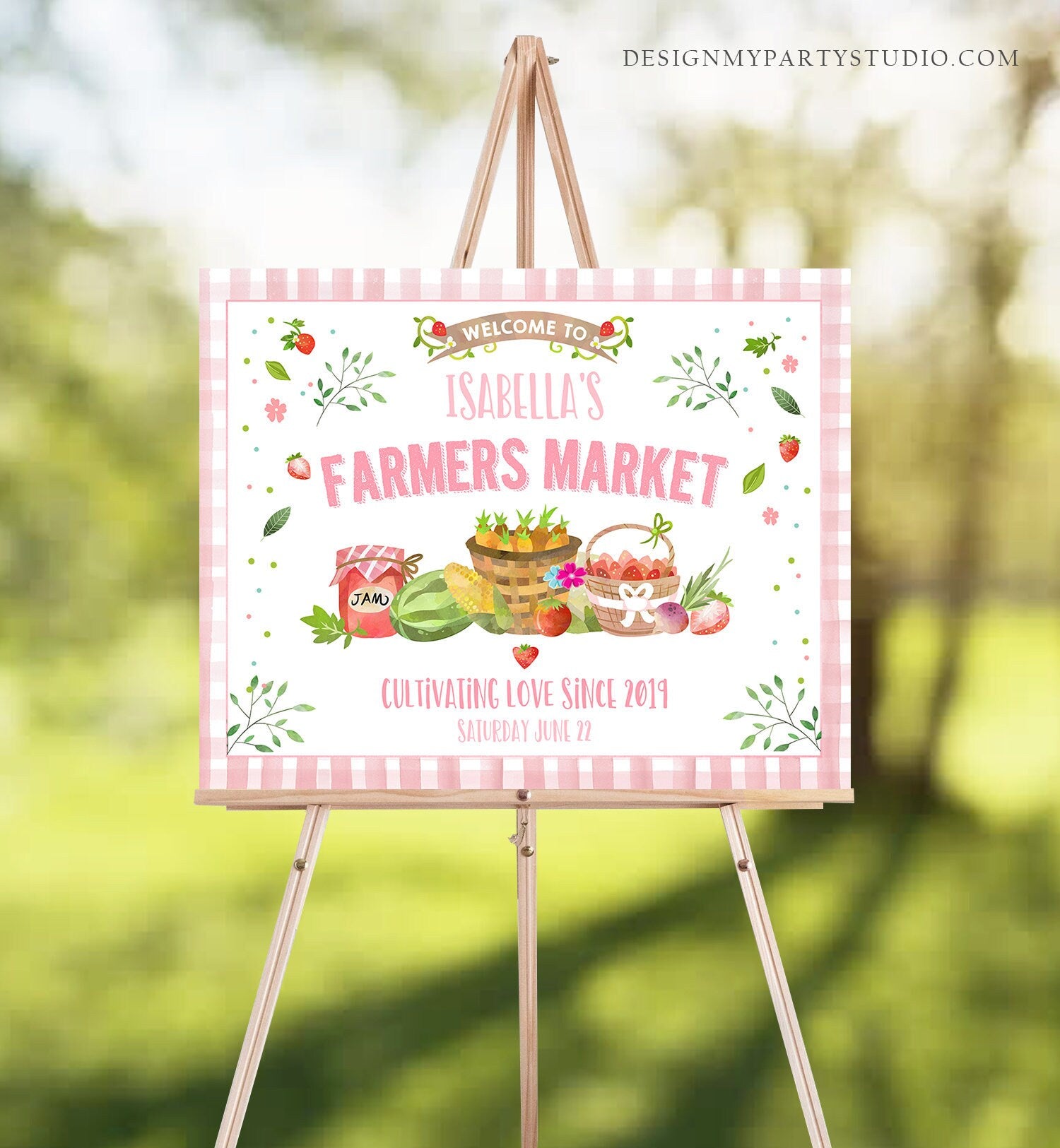 Editable Farmers Market Welcome Sign Birthday Girl Baby Shower Farm Party Decor Fruit Market Locally Grown Pink Download Corjl Template 0144