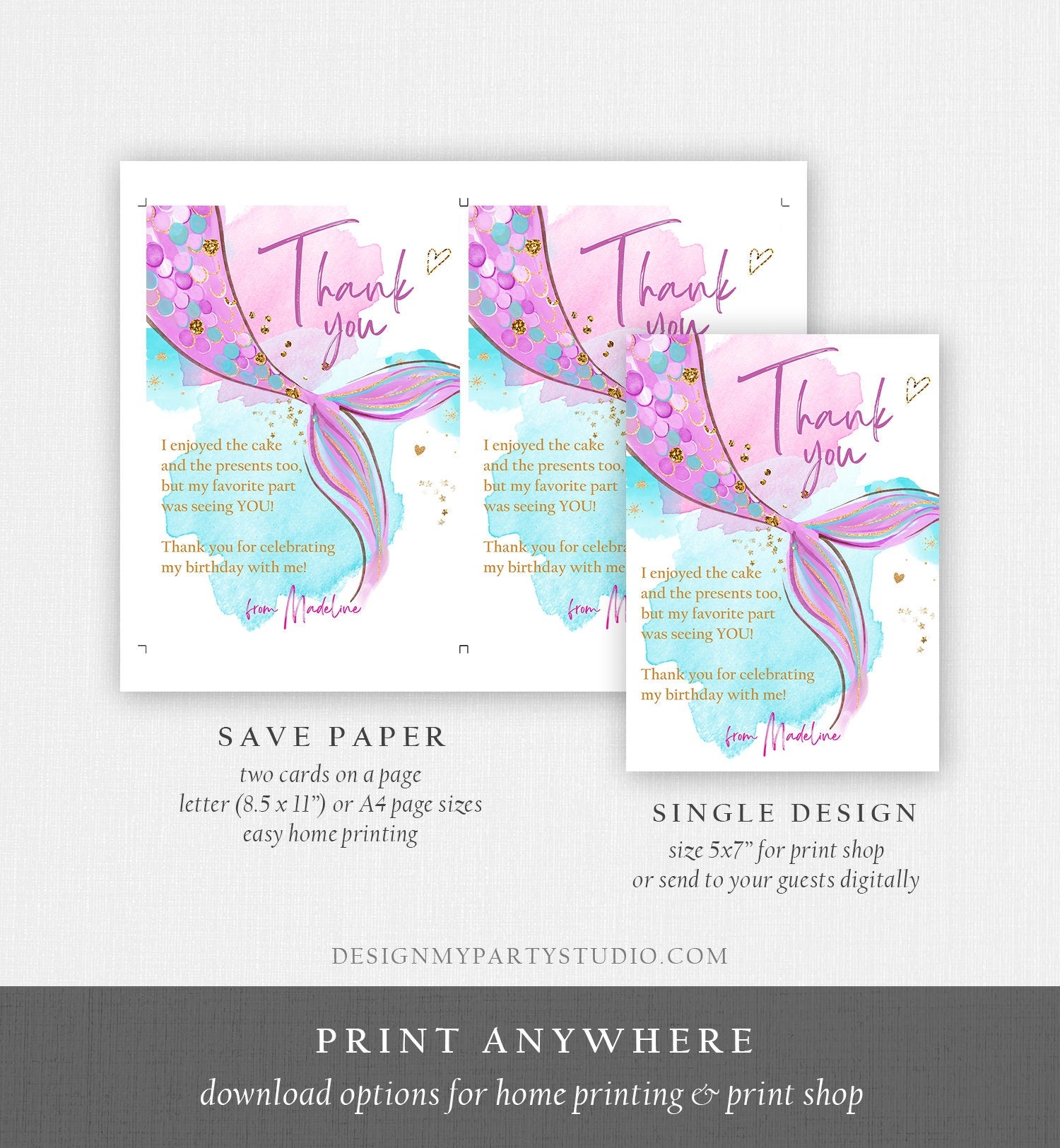 Editable Mermaid Thank You Card Girl Mermaid Birthday Party Thank You Note Purple Gold Under The Sea Printable Template Corjl Digital 0403