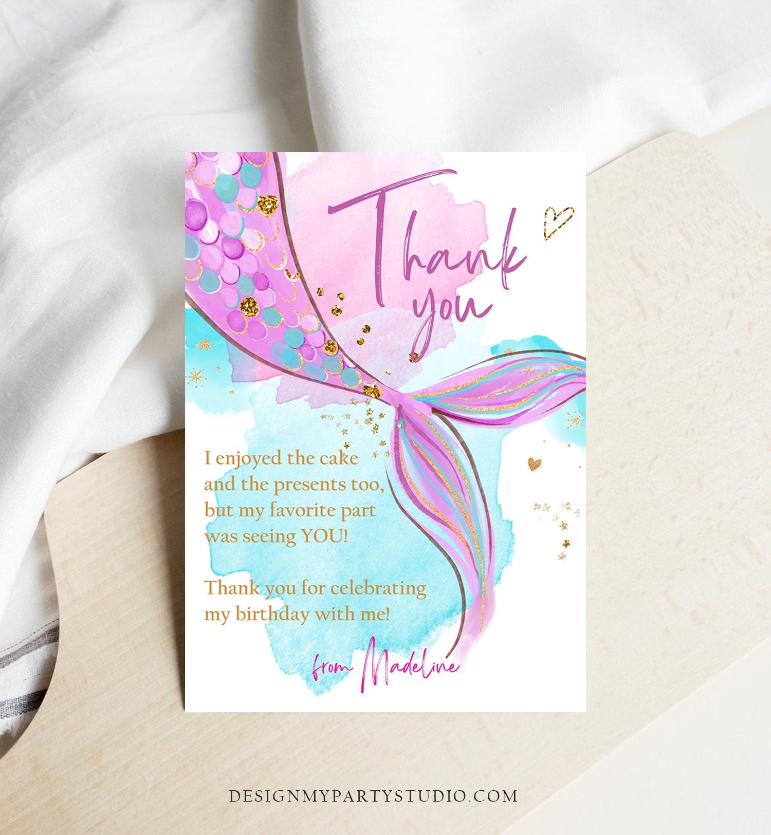 Editable Mermaid Thank You Card Girl Mermaid Birthday Party Thank You Note Purple Gold Under The Sea Printable Template Corjl Digital 0403