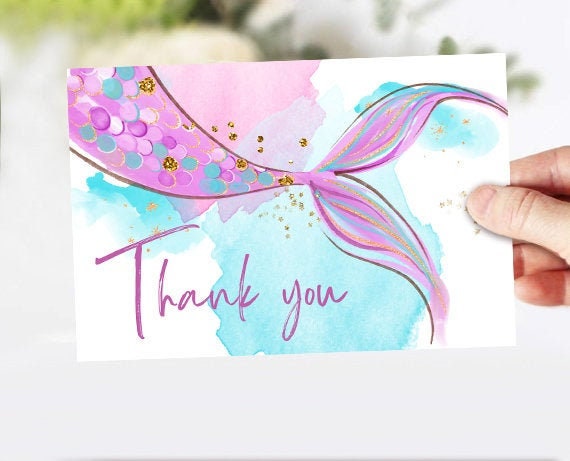 Mermaid Thank You Card Girl Mermaid Birthday Party Thank You Note Purple Gold Under The Sea Instant Digital Download Printable 0403