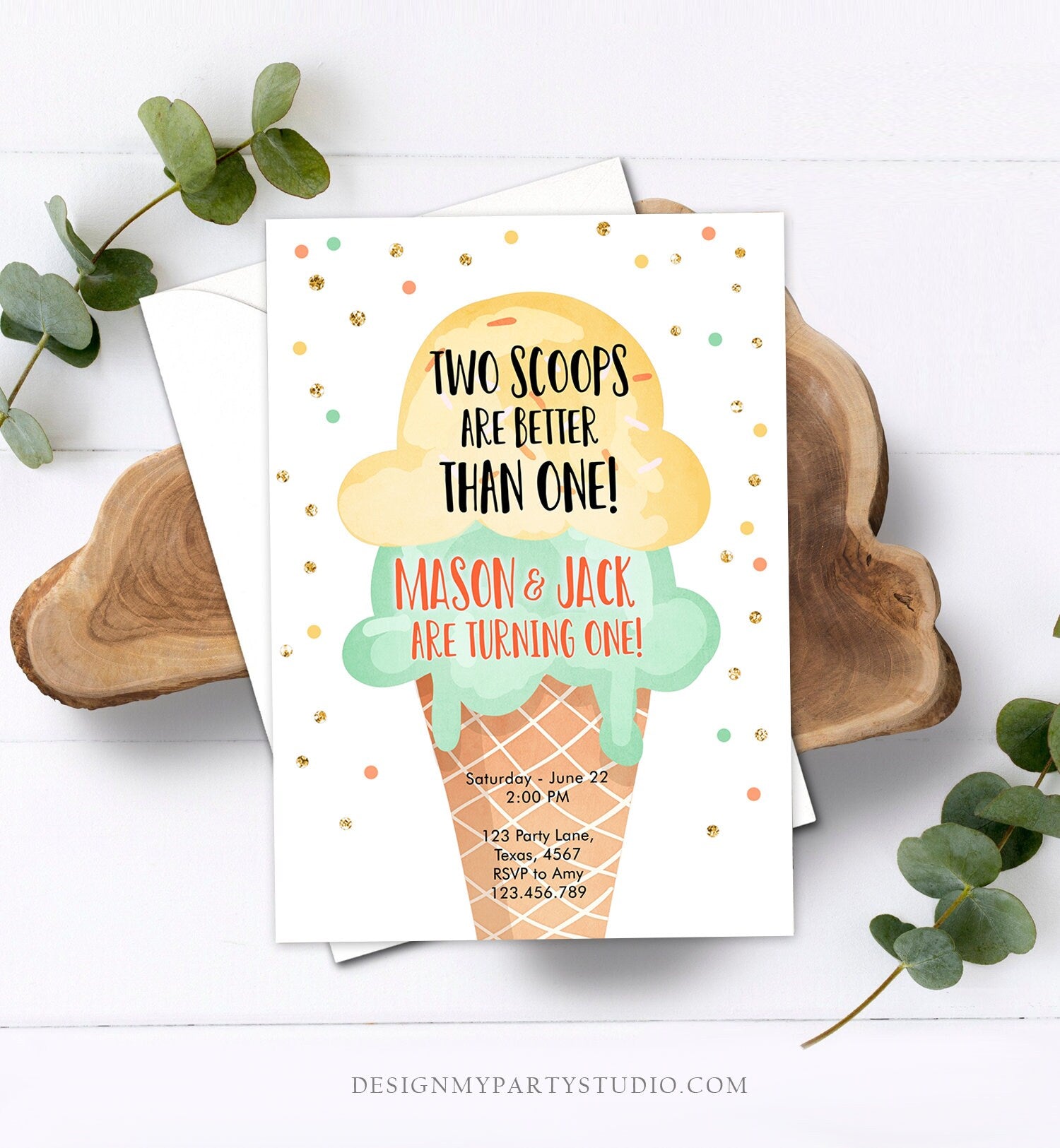 Editable Twin Ice Cream Birthday Invitation First Birthday Two is Better Than One Yellow Mint Gold Boy Neutral Printable Template Corjl 0243