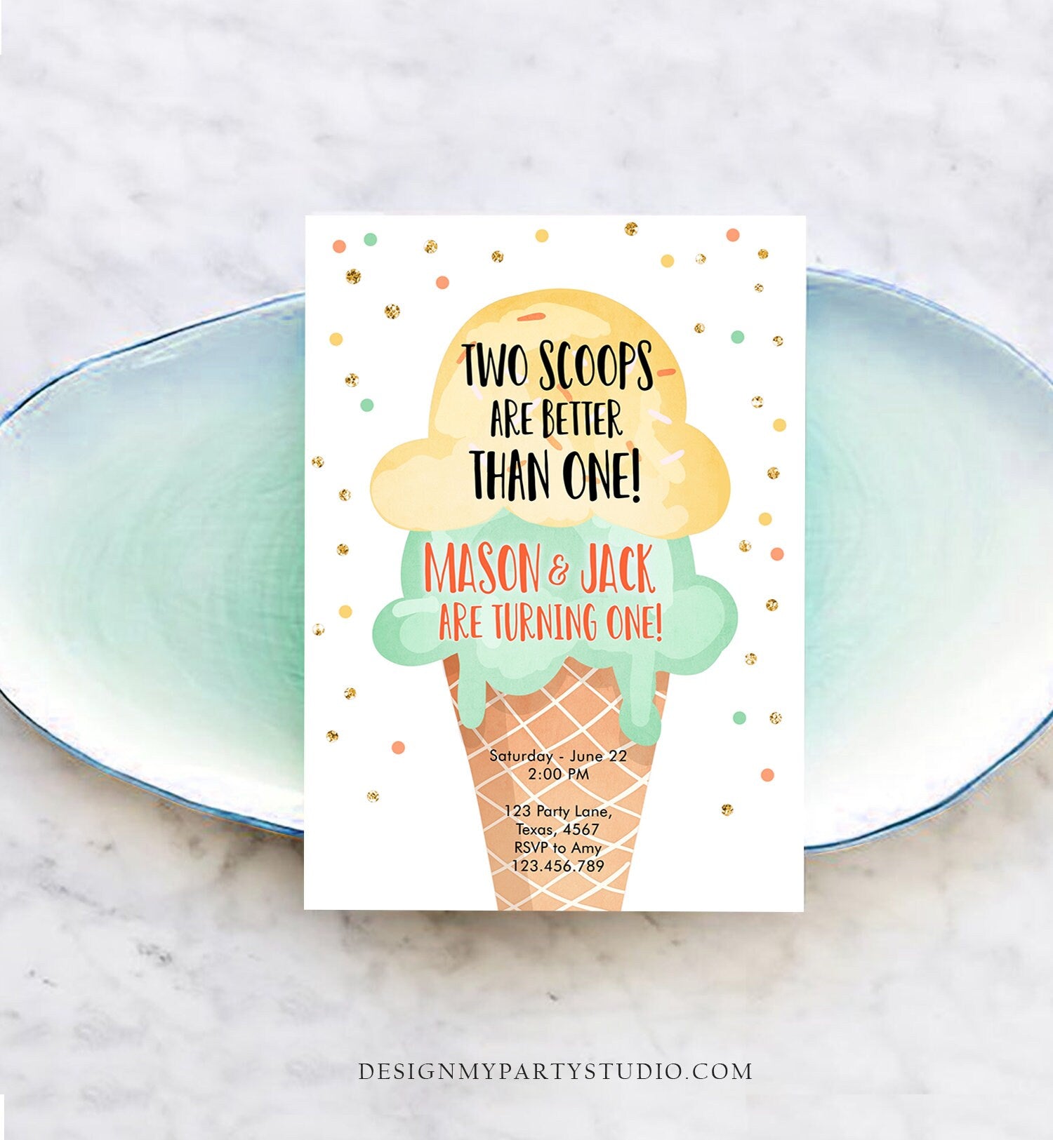 Editable Twin Ice Cream Birthday Invitation First Birthday Two is Better Than One Yellow Mint Gold Boy Neutral Printable Template Corjl 0243