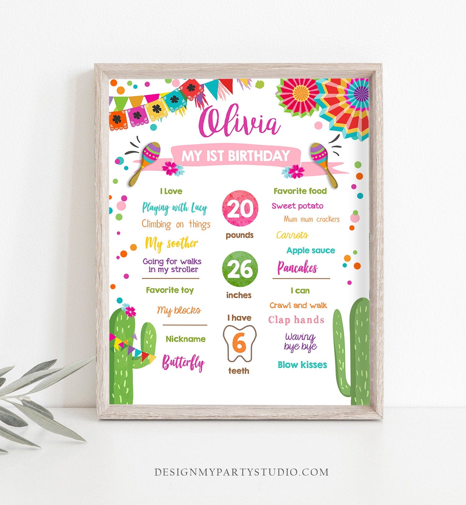 Editable First Fiesta Birthday Milestones Sign Girl Birthday Poster 1st Birthday Mexican Cactus Samba Chalk Corjl Template Printable 0045