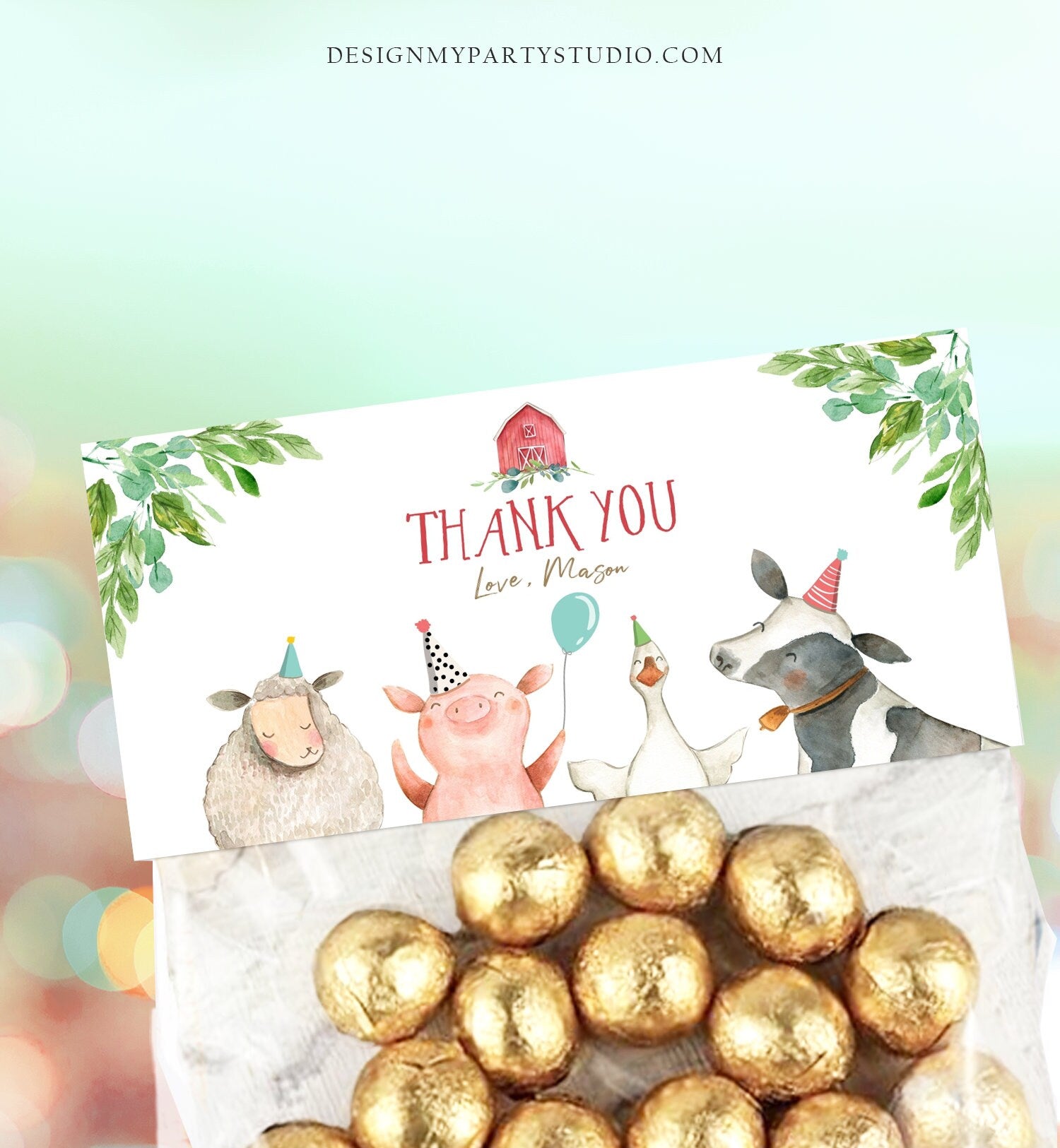 Editable Farm Animals Treat Bag Toppers Farm Birthday Thank you Barnyard Loot Bag Topper Red Farm Boy Template Corjl PRINTABLE 0155