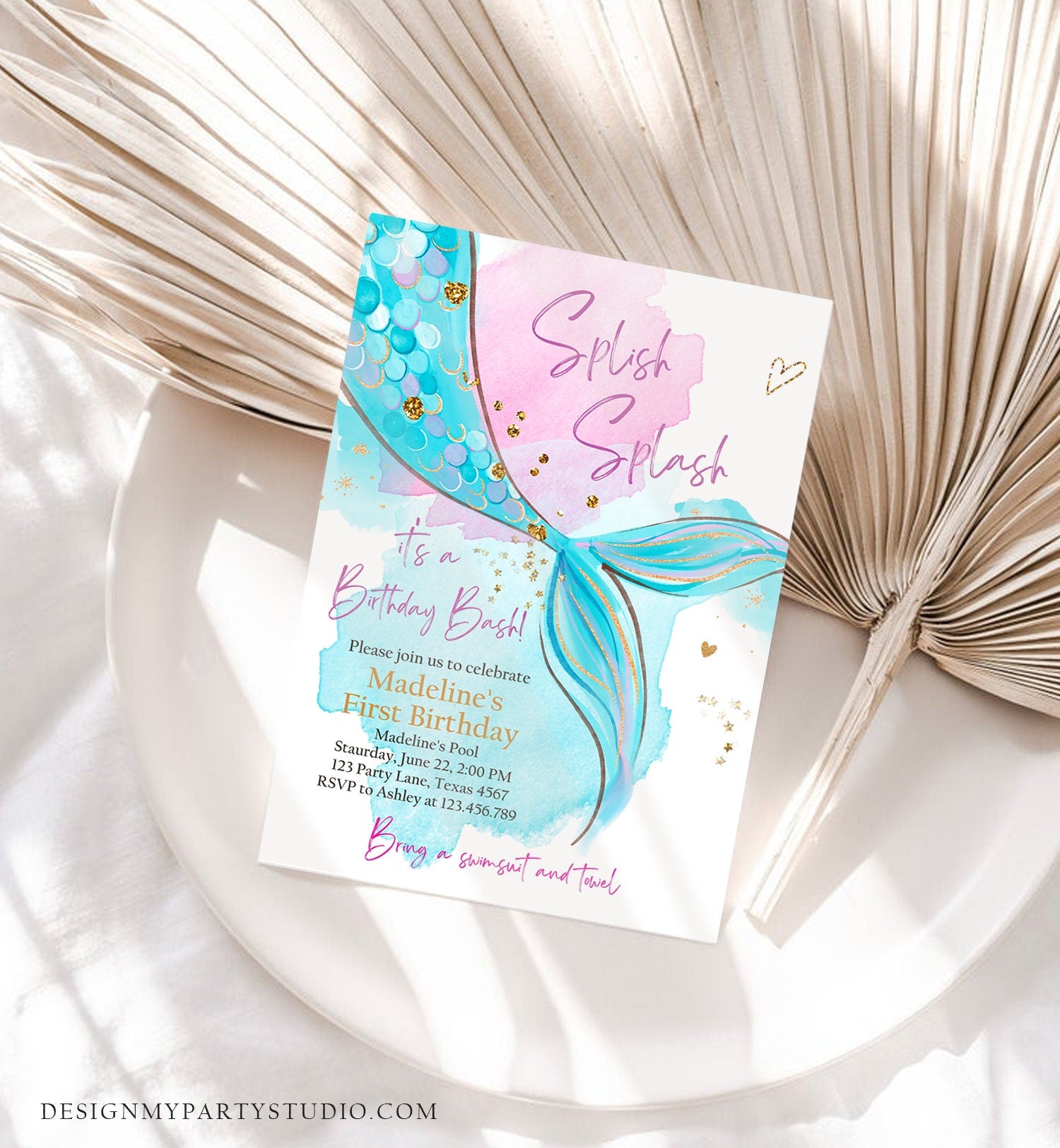 Editable Mermaid Birthday Party Invitation Girl Pink Aqua Blue Gold Mermaid Birthday Under The Sea Download Printable Template Corjl 0403