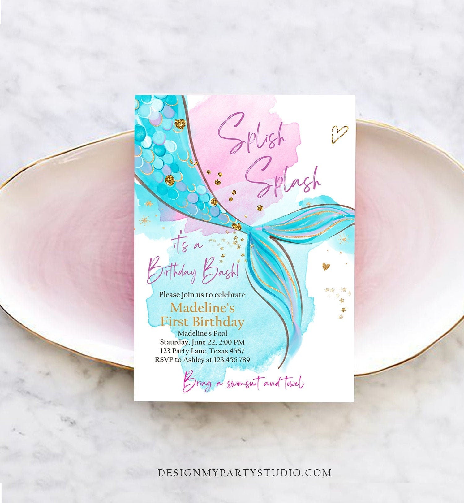 Editable Mermaid Birthday Party Invitation Girl Pink Aqua Blue Gold Mermaid Birthday Under The Sea Download Printable Template Corjl 0403