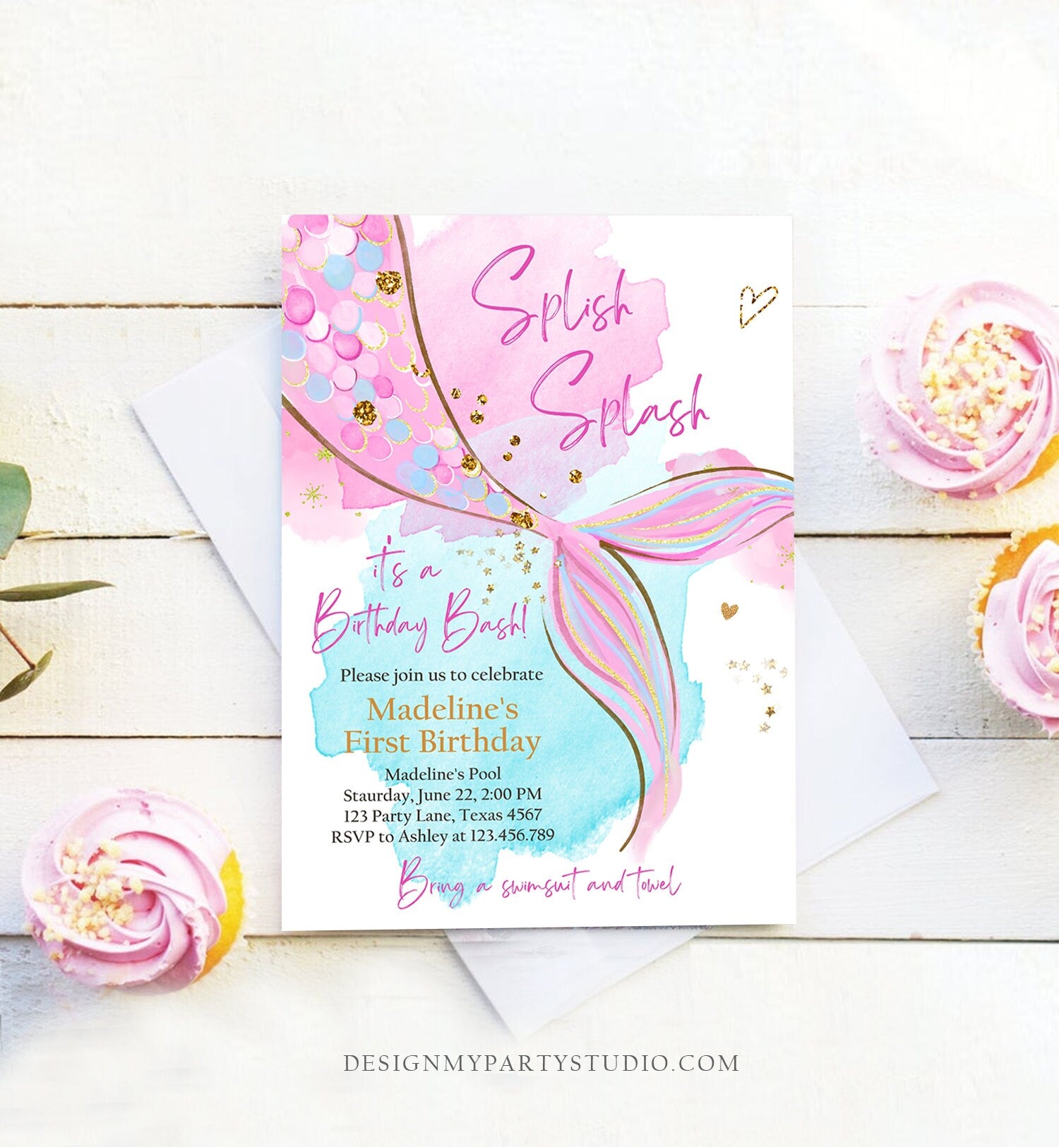 Editable Mermaid Birthday Party Invitation Girl Pink Aqua Purple Gold Mermaid Birthday Under The Sea Download Printable Template Corjl 0403