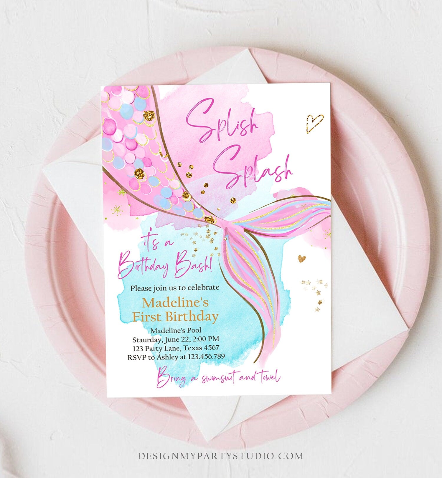 Editable Mermaid Birthday Party Invitation Girl Pink Aqua Purple Gold Mermaid Birthday Under The Sea Download Printable Template Corjl 0403