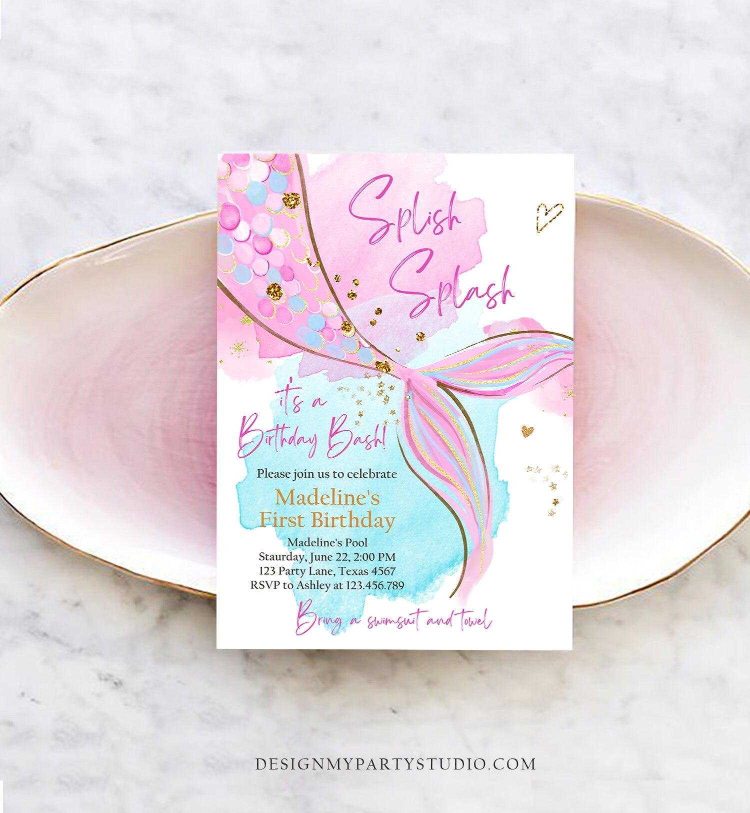 Editable Mermaid Birthday Party Invitation Girl Pink Aqua Purple Gold Mermaid Birthday Under The Sea Download Printable Template Corjl 0403