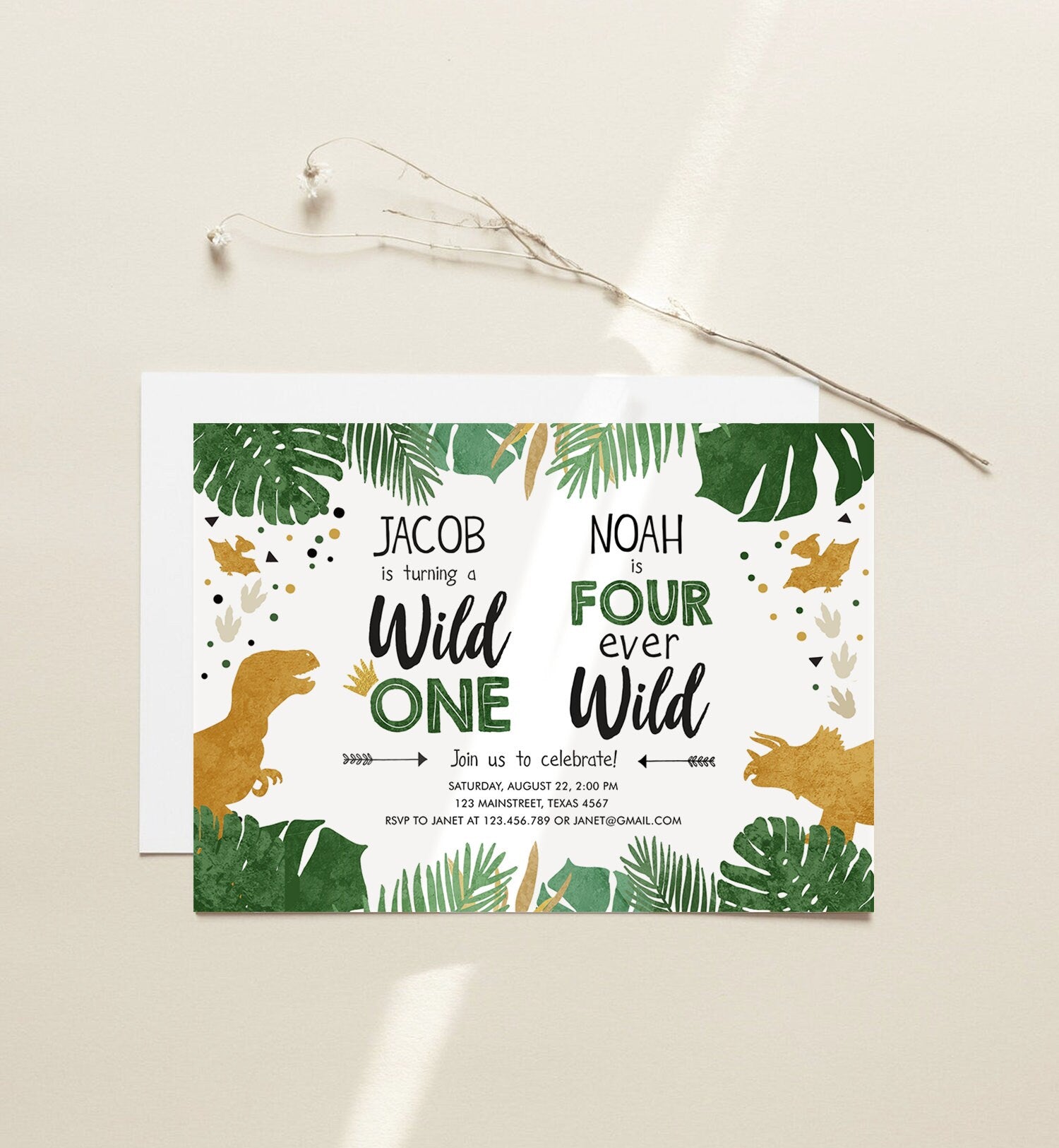 Editable Wild One Four Ever Wild Three-Rex Dinosaur Birthday Invitation Dino T-Rex First Fourth Boy Joint Party Gold Corjl Template 0146