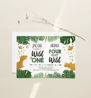 Editable Wild One Four Ever Wild Three-Rex Dinosaur Birthday Invitation Dino T-Rex First Fourth Boy Coed Joint Gold Corjl Template 0146