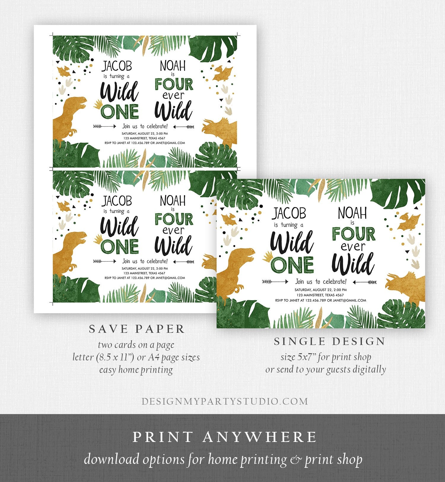 Editable Wild One Four Ever Wild Three-Rex Dinosaur Birthday Invitation Dino T-Rex First Fourth Boy Joint Party Gold Corjl Template 0146