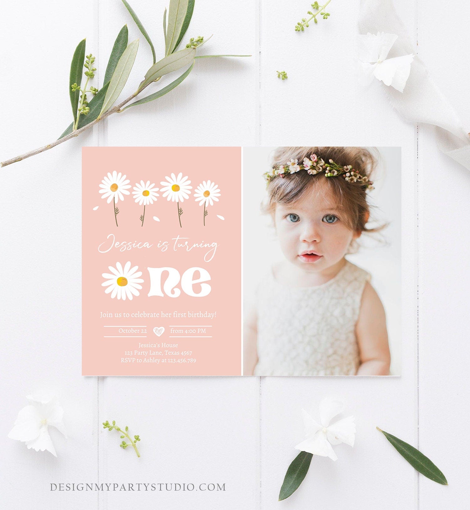 Editable Daisy Birthday Party Invitation 1st Birthday One Party Bohemian Girl Boho Pink First Download Printable Template Corjl Digital 0410