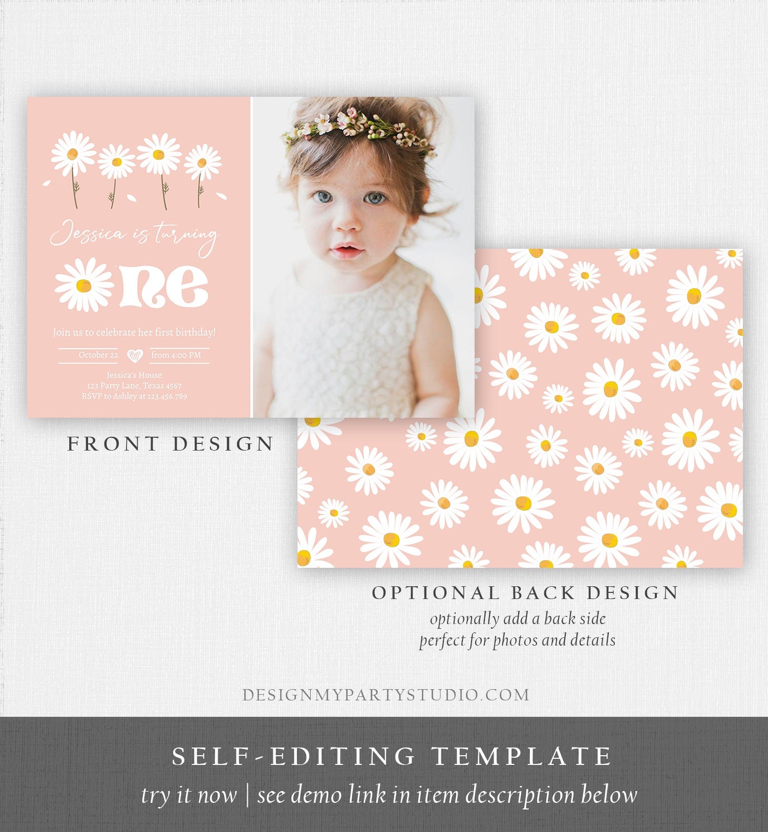 Editable Daisy Birthday Party Invitation 1st Birthday One Party Bohemian Girl Boho Pink First Download Printable Template Corjl Digital 0410