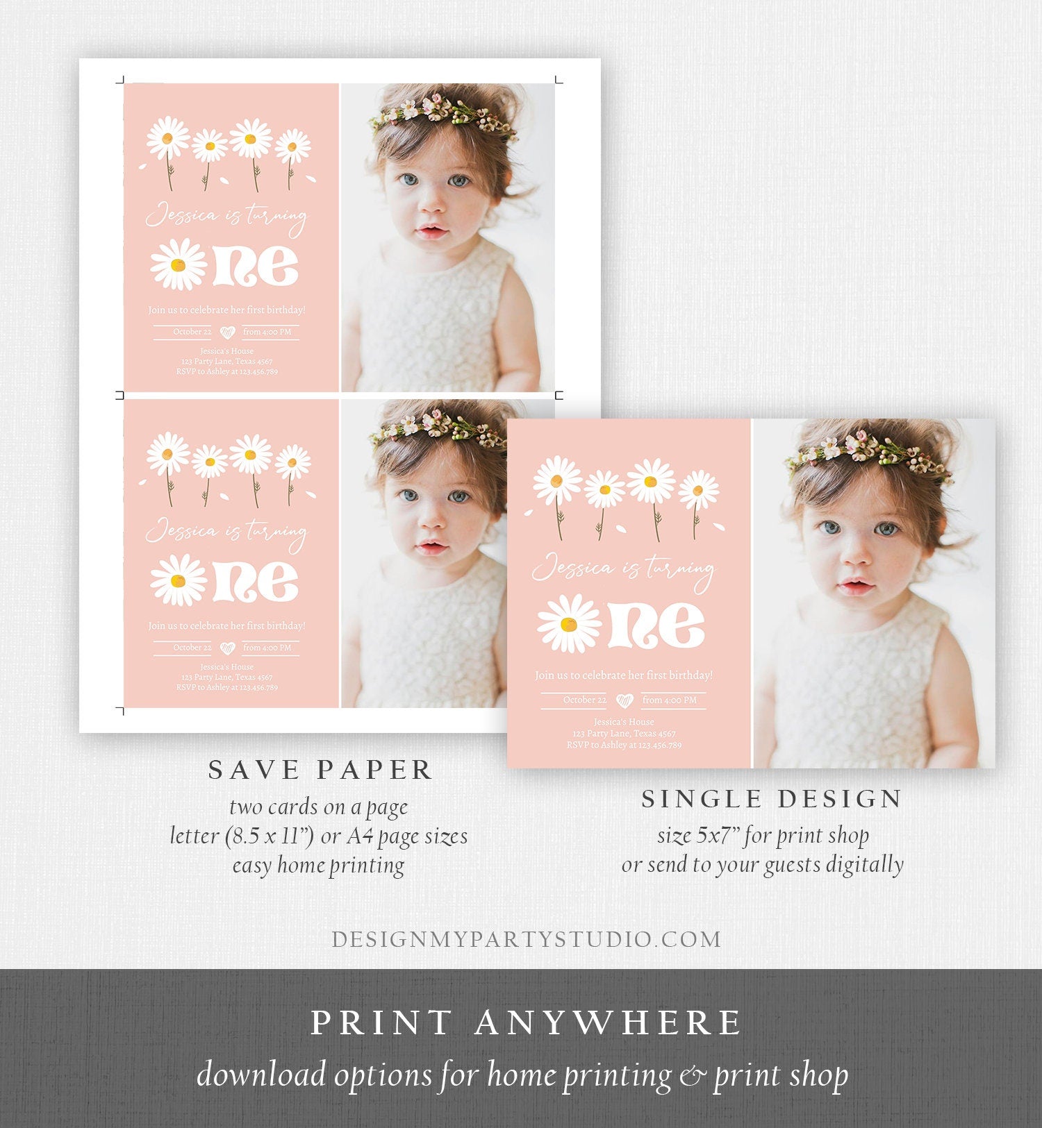 Editable Daisy Birthday Party Invitation 1st Birthday One Party Bohemian Girl Boho Pink First Download Printable Template Corjl Digital 0410