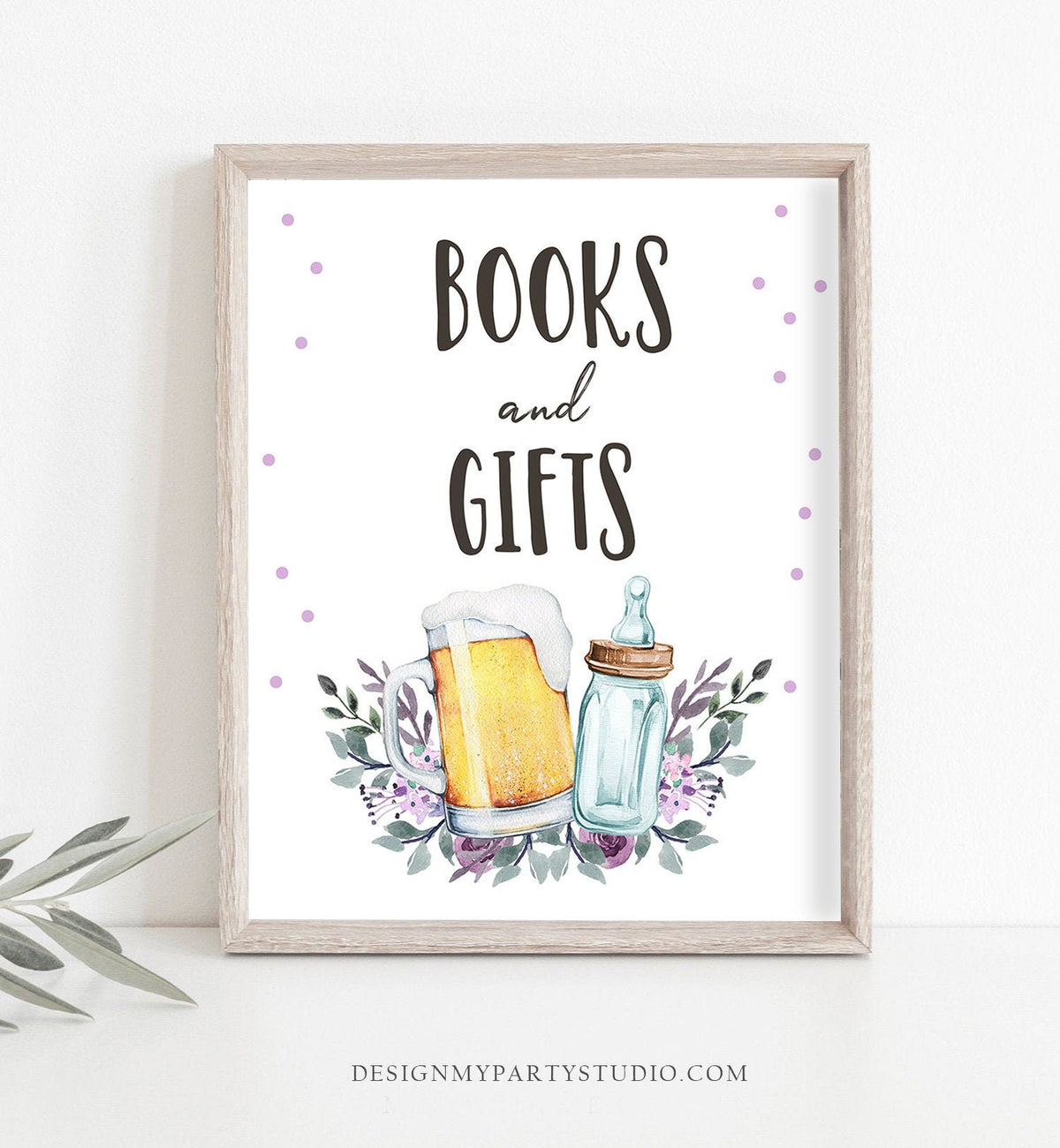 Books And Gifts Sign Table Decor Baby is Brewing Sign Gift Table Bottles and Beers Greenery Purple Table Sign Gender Neutral Printable 0190