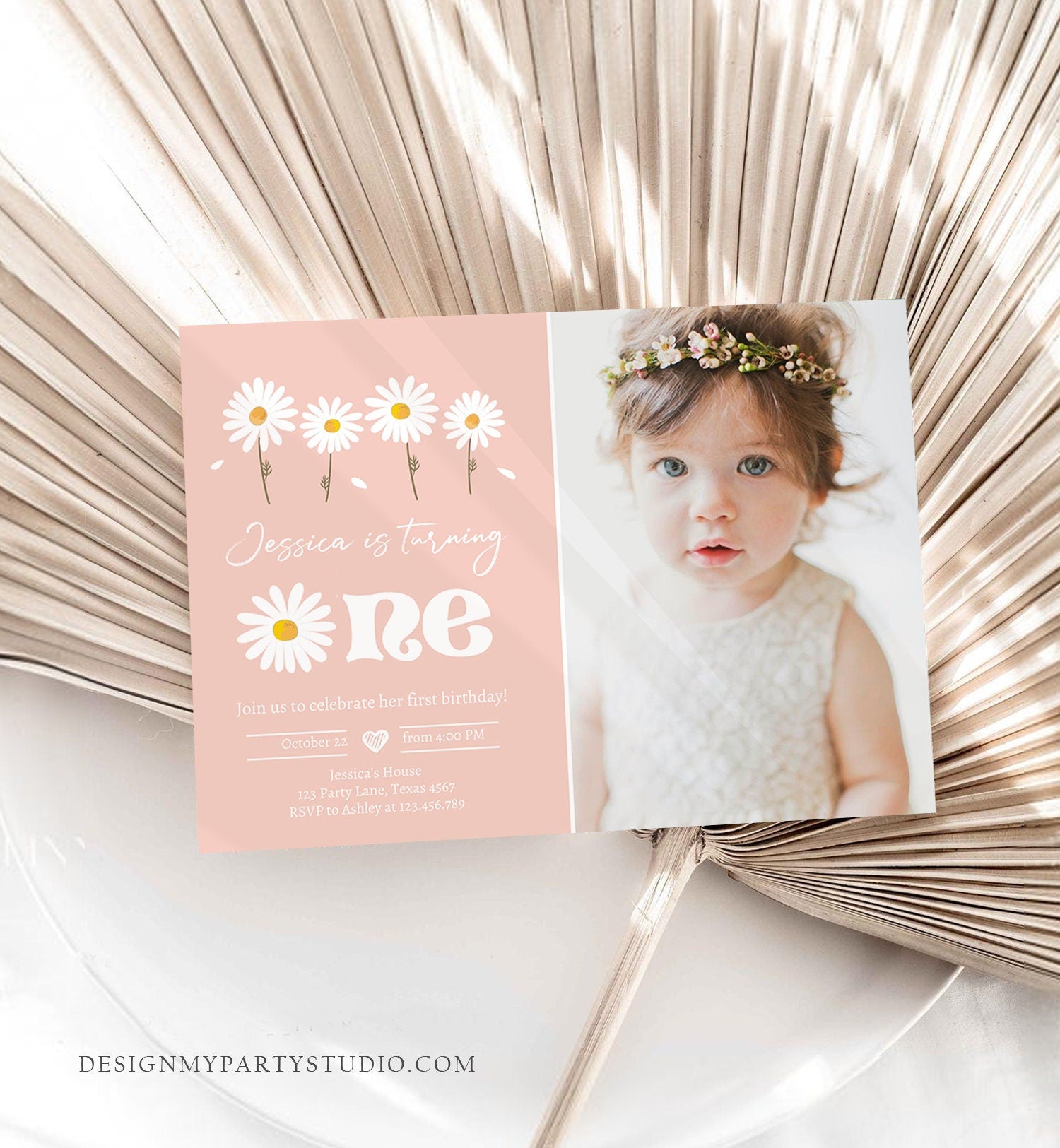 Editable Daisy Birthday Party Invitation 1st Birthday One Party Bohemian Girl Boho Pink First Download Printable Template Corjl Digital 0410