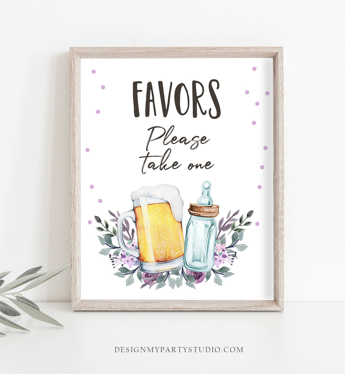 Party Favors Sign Table Decor Baby is Brewing Sign Gift Table Bottles and Beers Greenery Purple Table Sign Gender Neutral Printable 0190