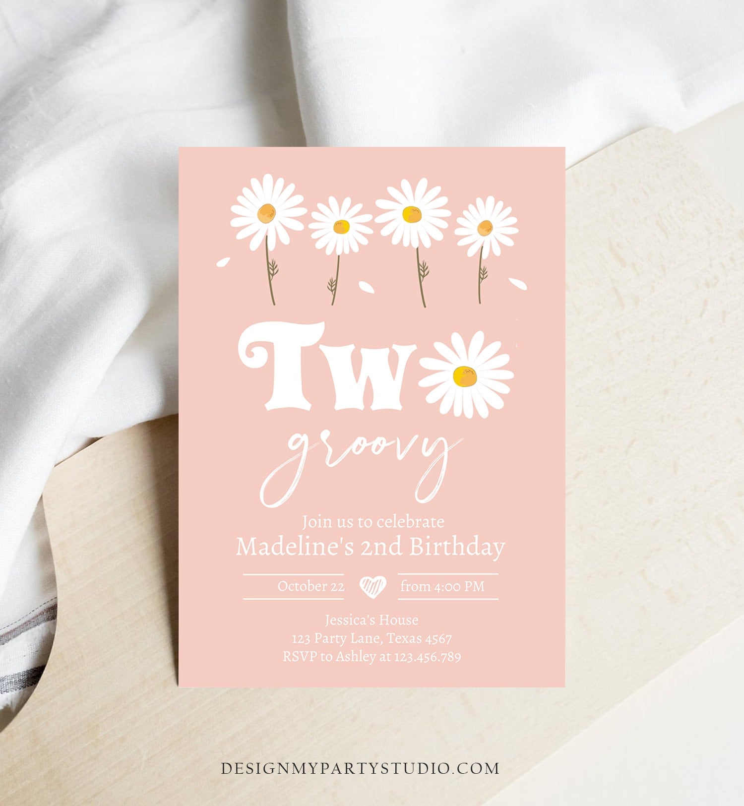 Editable Daisy Birthday Party Invitation 2nd Birthday Two Groovy Floral Bohemian Girl Boho Download Printable Template Corjl Digital 0410